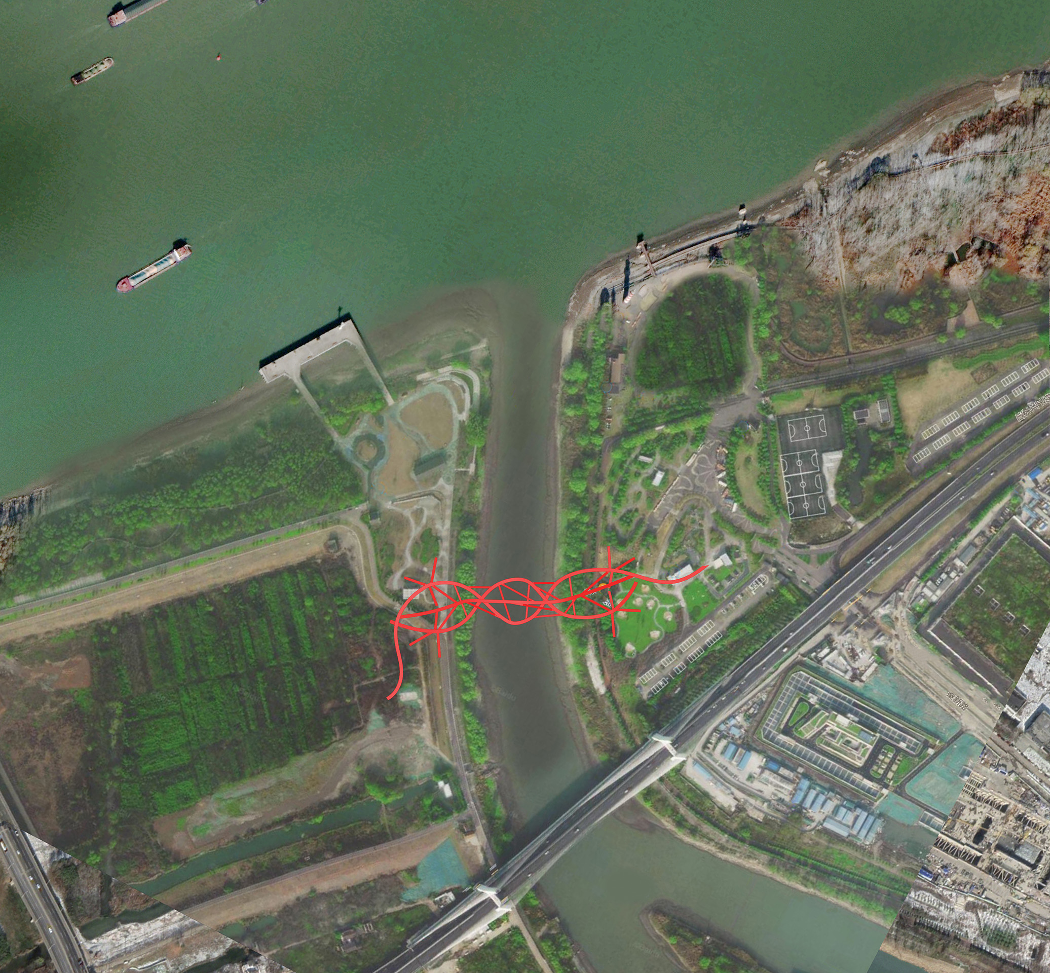 Nanjing Fussgaenger Bruecke Areal Situation Luftaufnahme
