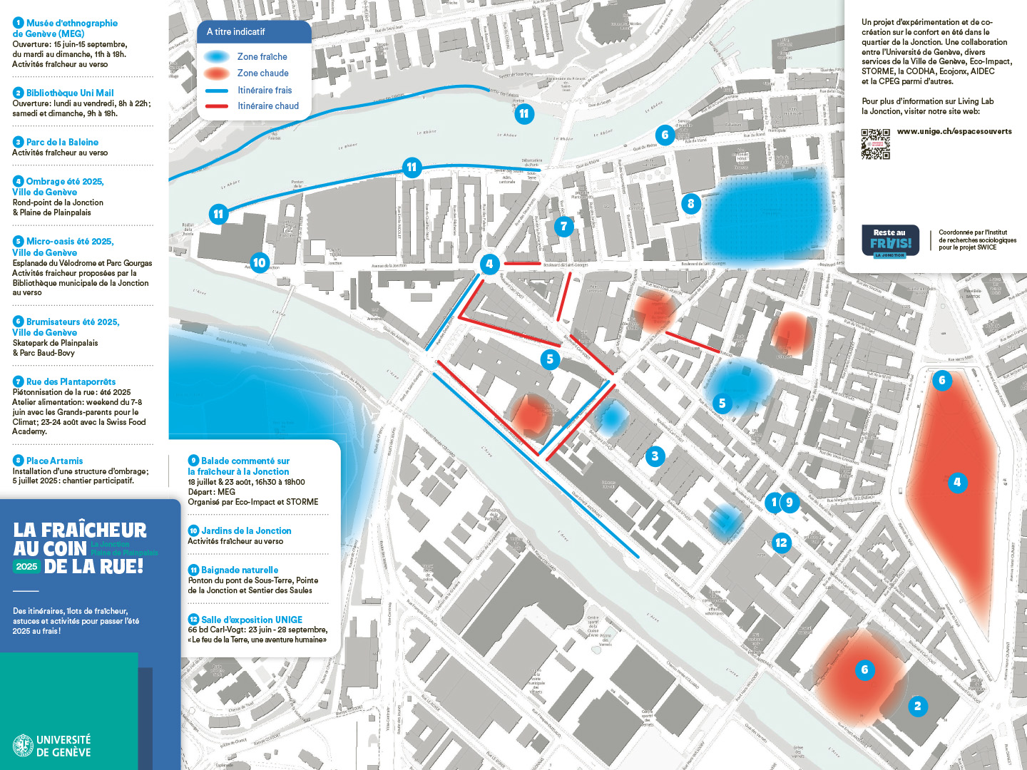 Carte de la Jonction à Genève, avec des parcours à titre indicatif: frais et chauds à favoriser ou à éviter en période de canicule