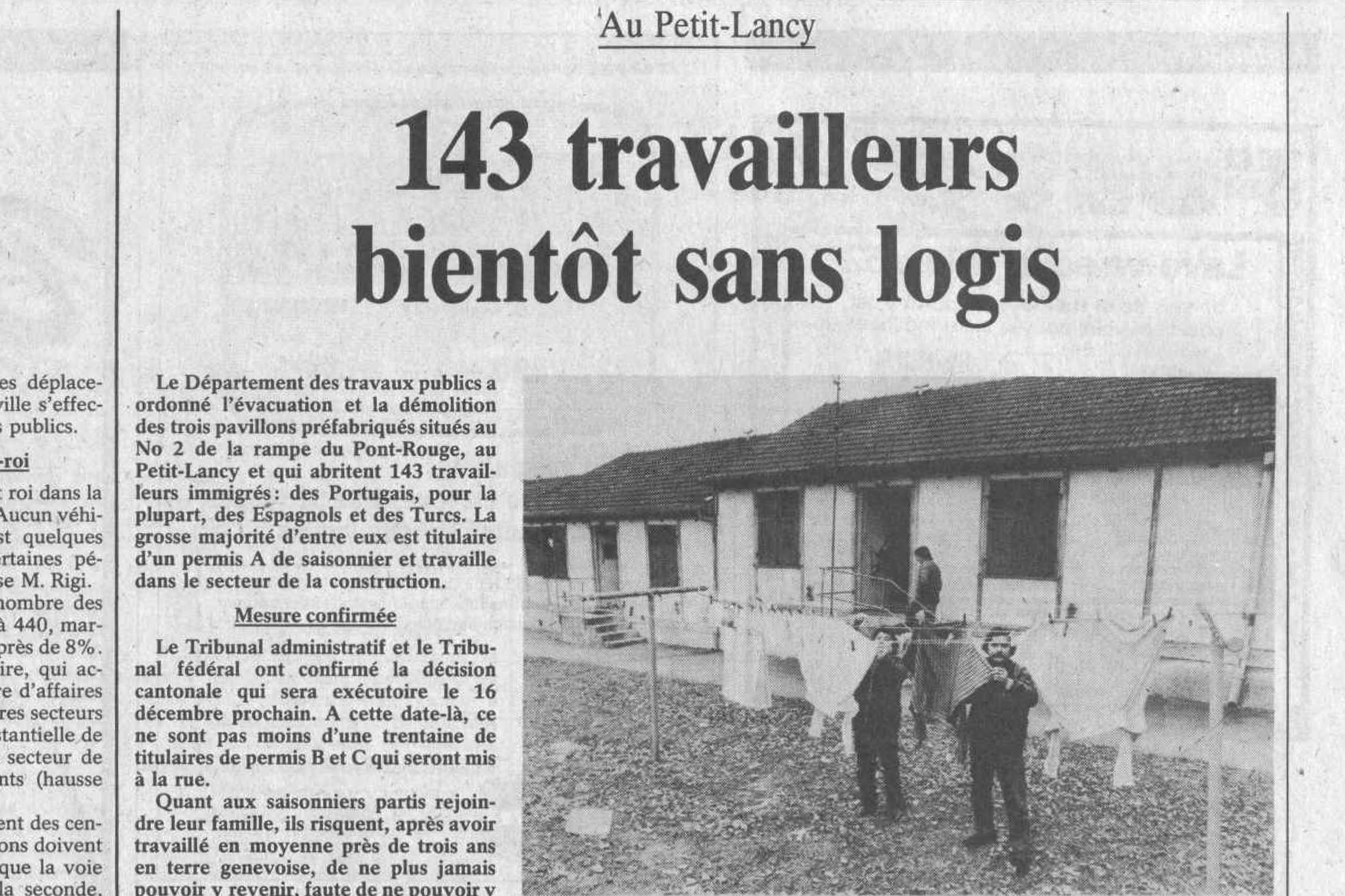Article de la Tribune de Genève du 5 mars 1986, portant sur la démolition des baraques de Pont-Rouge.
