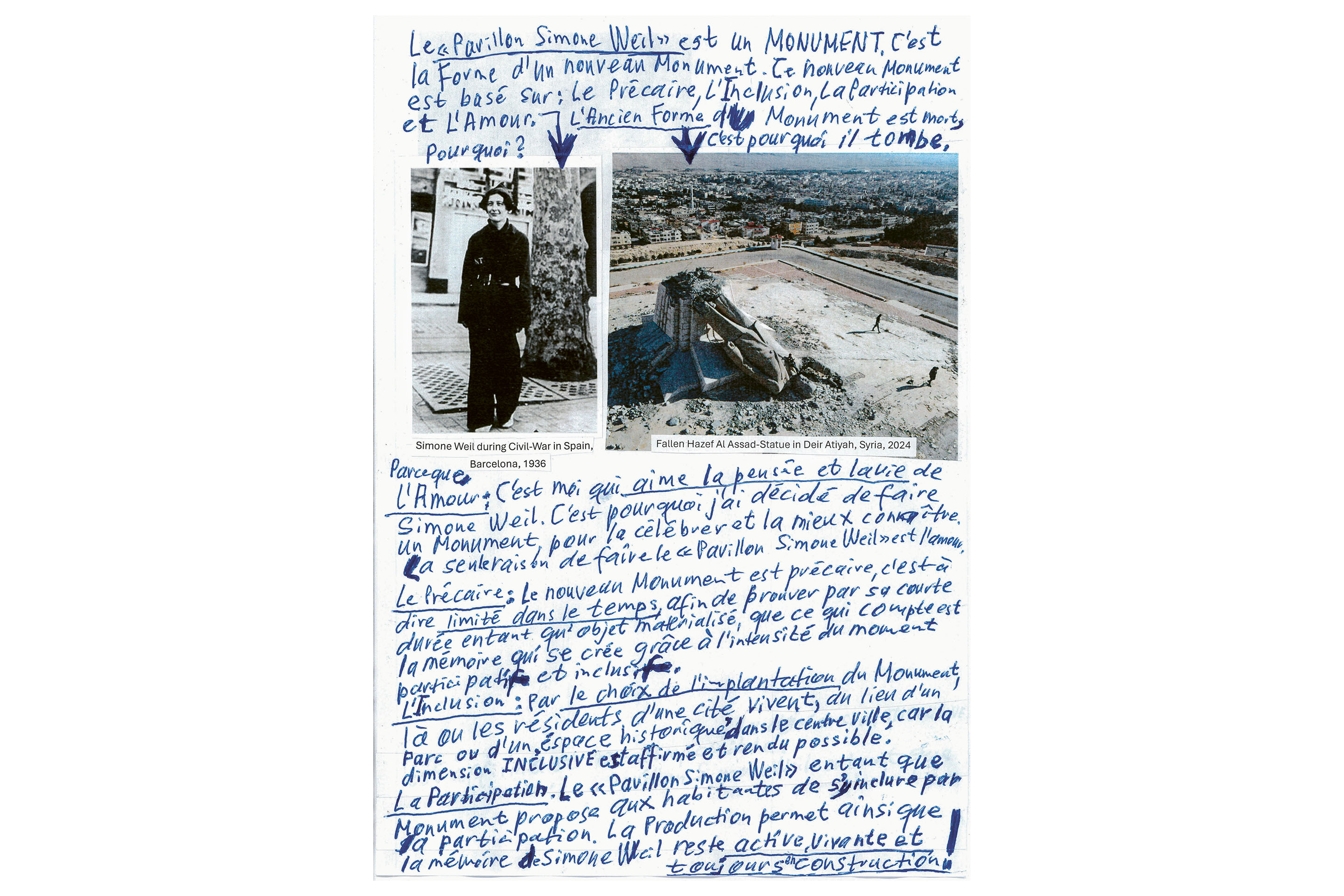 Note d'intention manuscrite de Thomas Hirschhorn pour le Pavillon Simone Weil