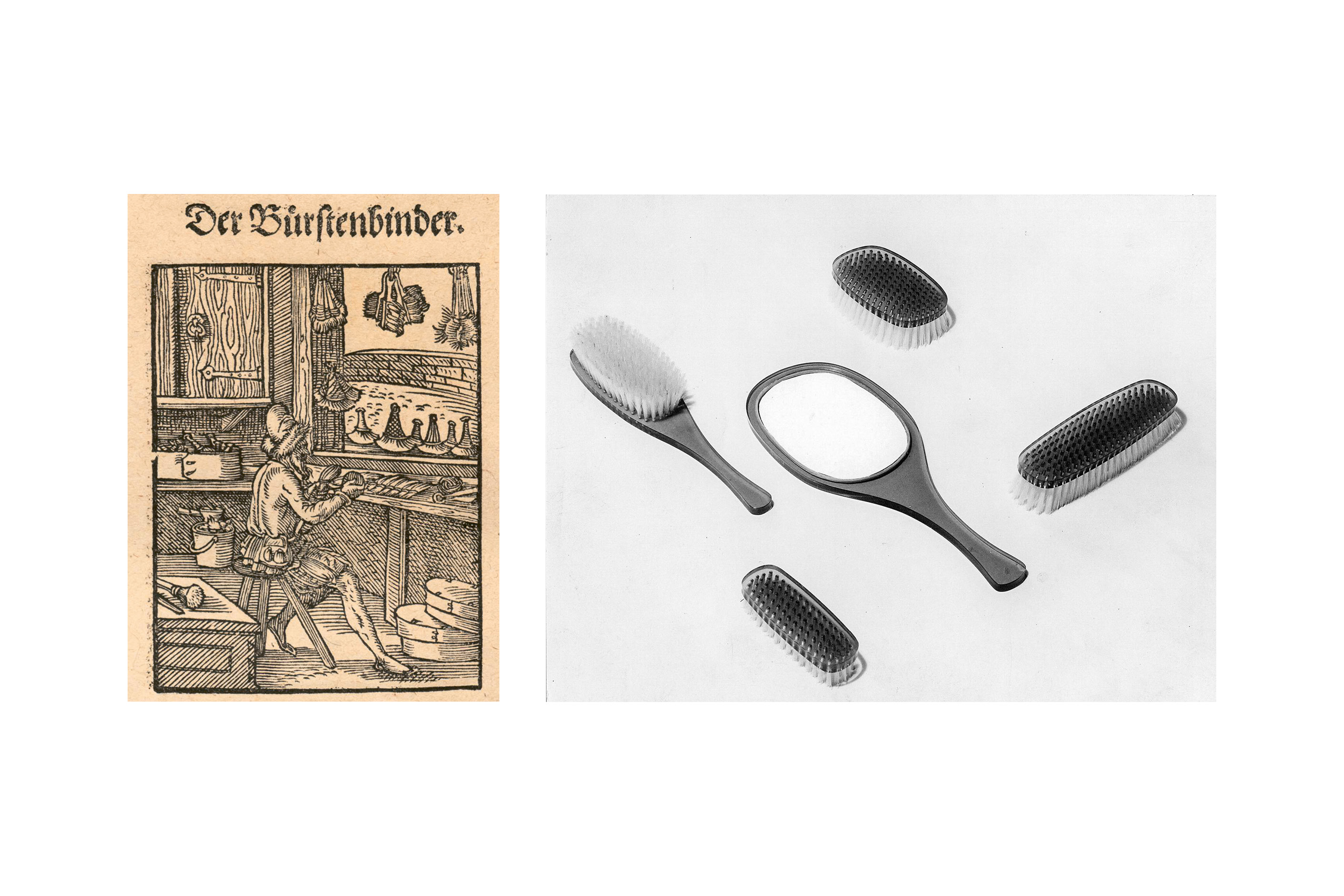 A sinistra: Jost Amman, Bürstenbinder, da Hans Sachs, Eygentliche Beschreibung Aller Stände auff Erden, Sigmund Feyerabend, Francoforte sul Meno 1568. A destra: Max Bill, Fornitura per toeletta, Verbania – Kristall, (Premio La Rinascente Compasso d’oro 1956)