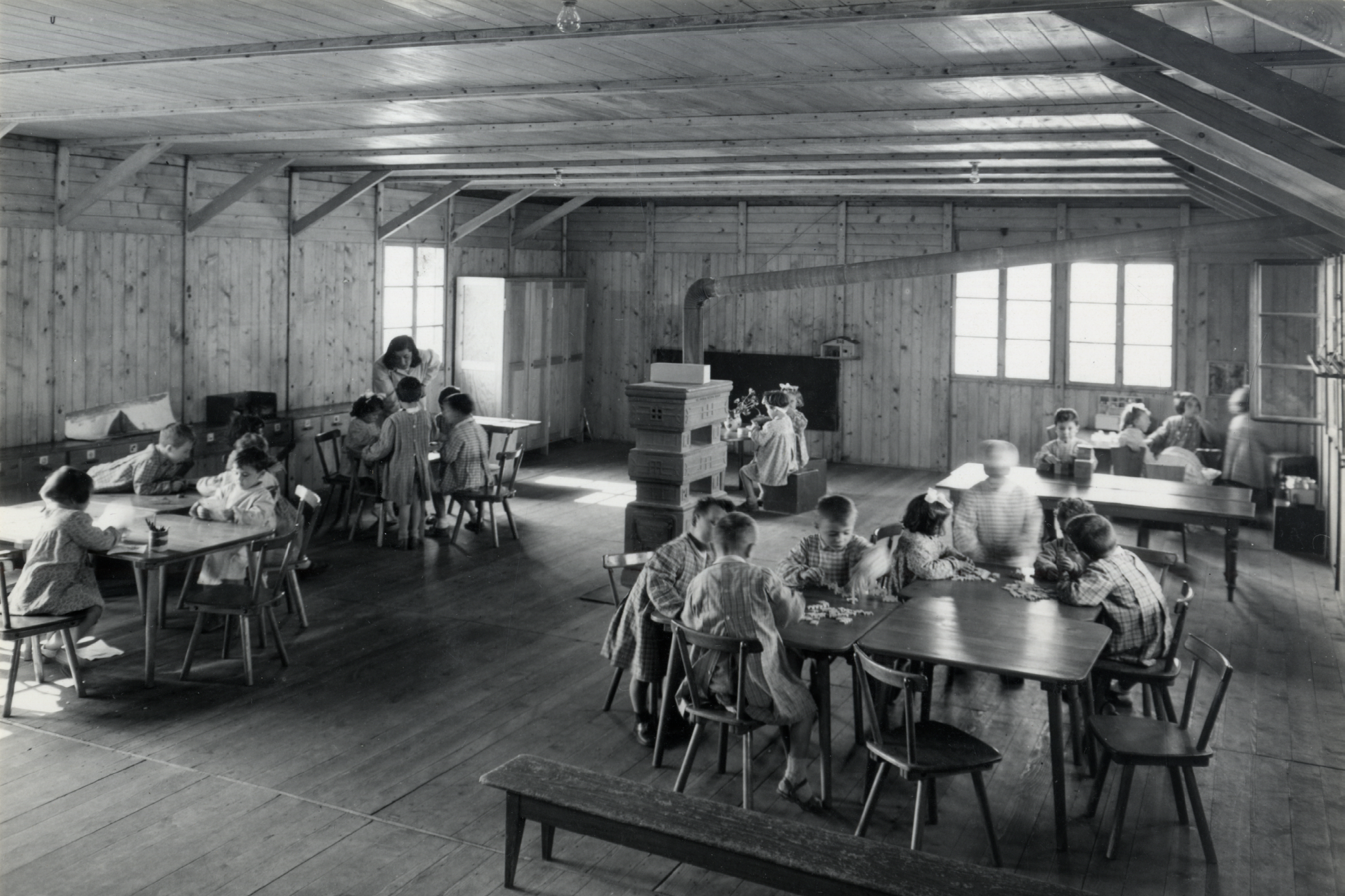 The interior of one of the classrooms in the Swiss prefabricated wooden barracks at the CEIS.