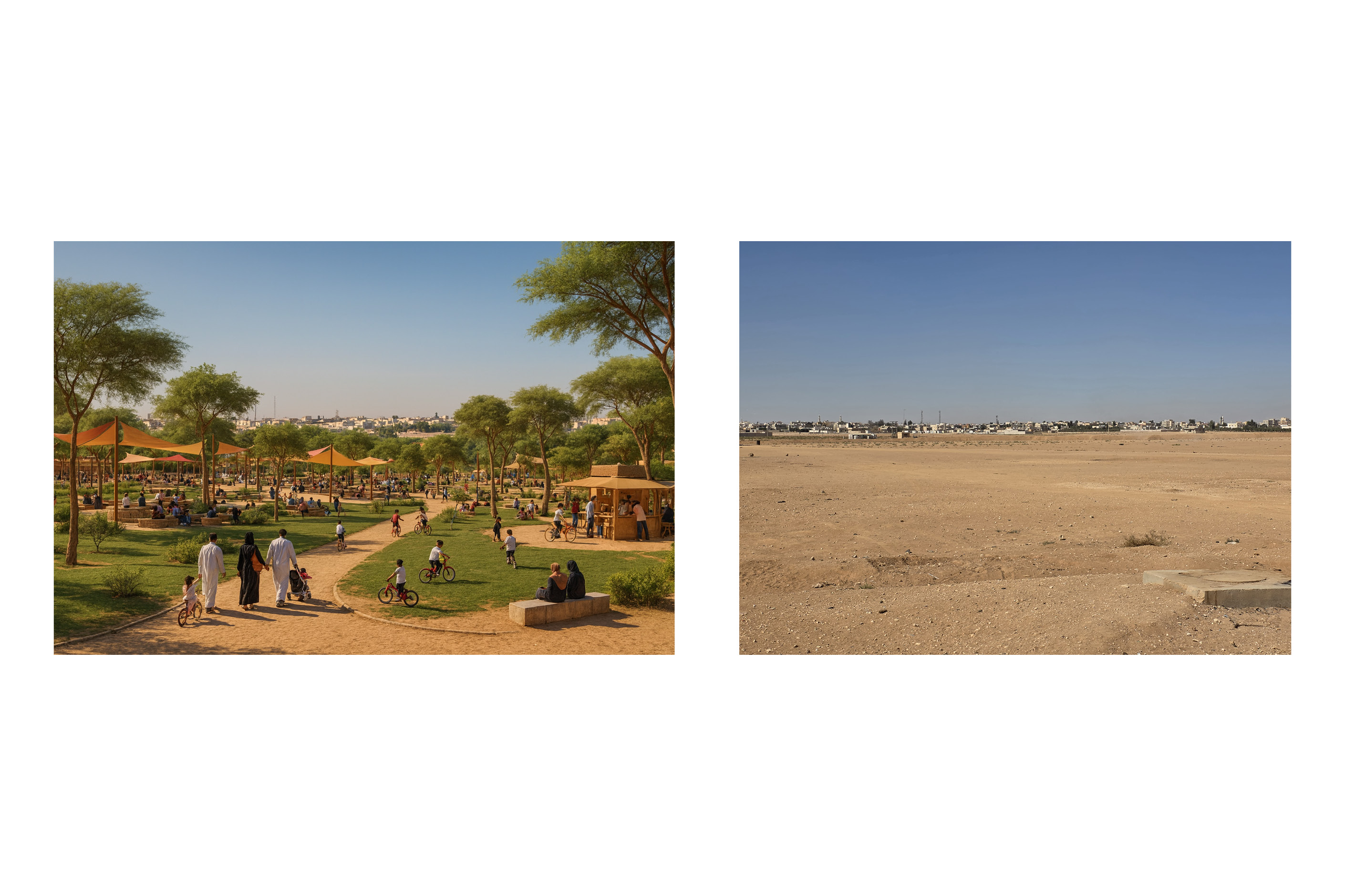 From vacant land to shaded community open space in Zaatari Camp.