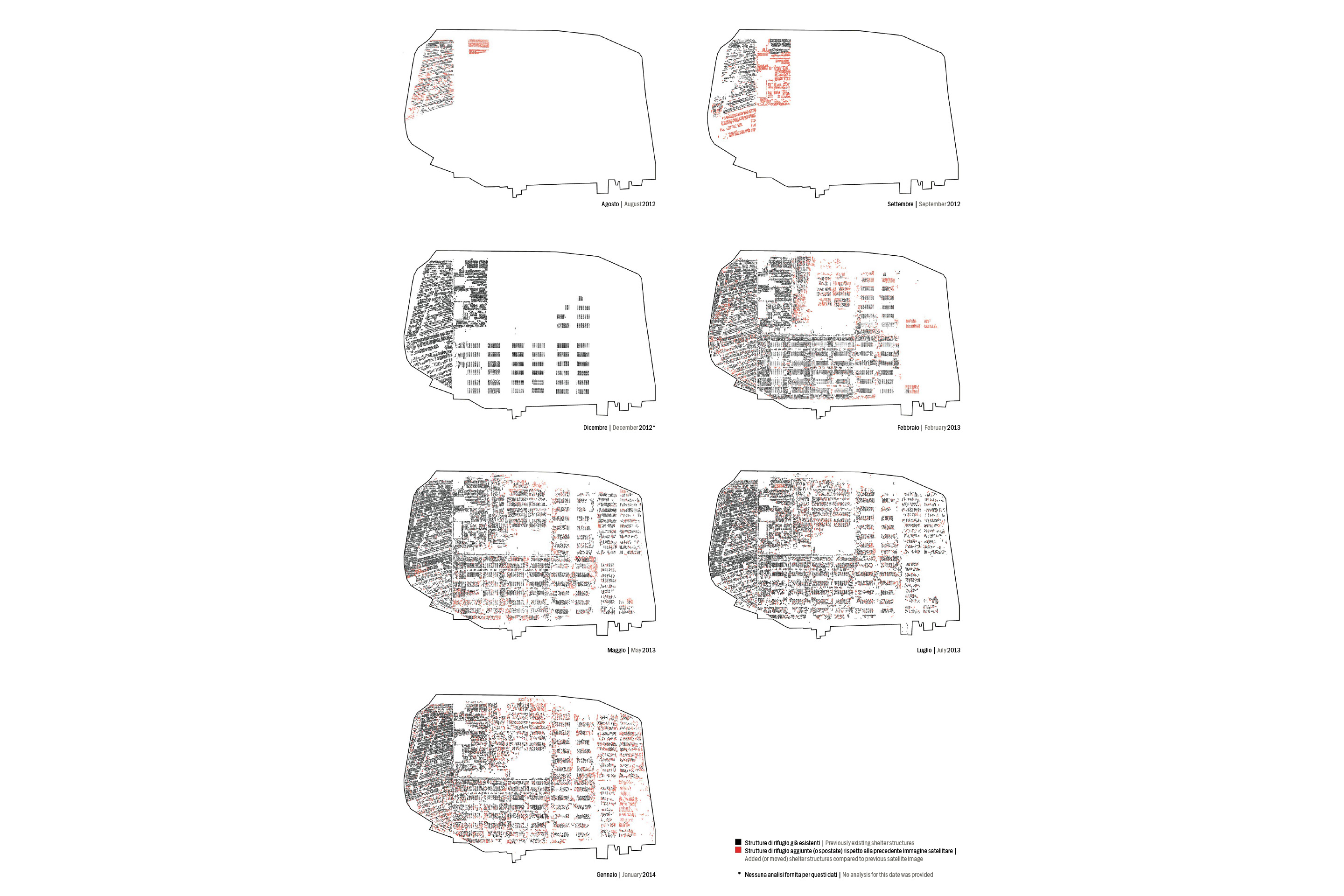 The expansion of Zaatari Camp between 2012 and 2014.