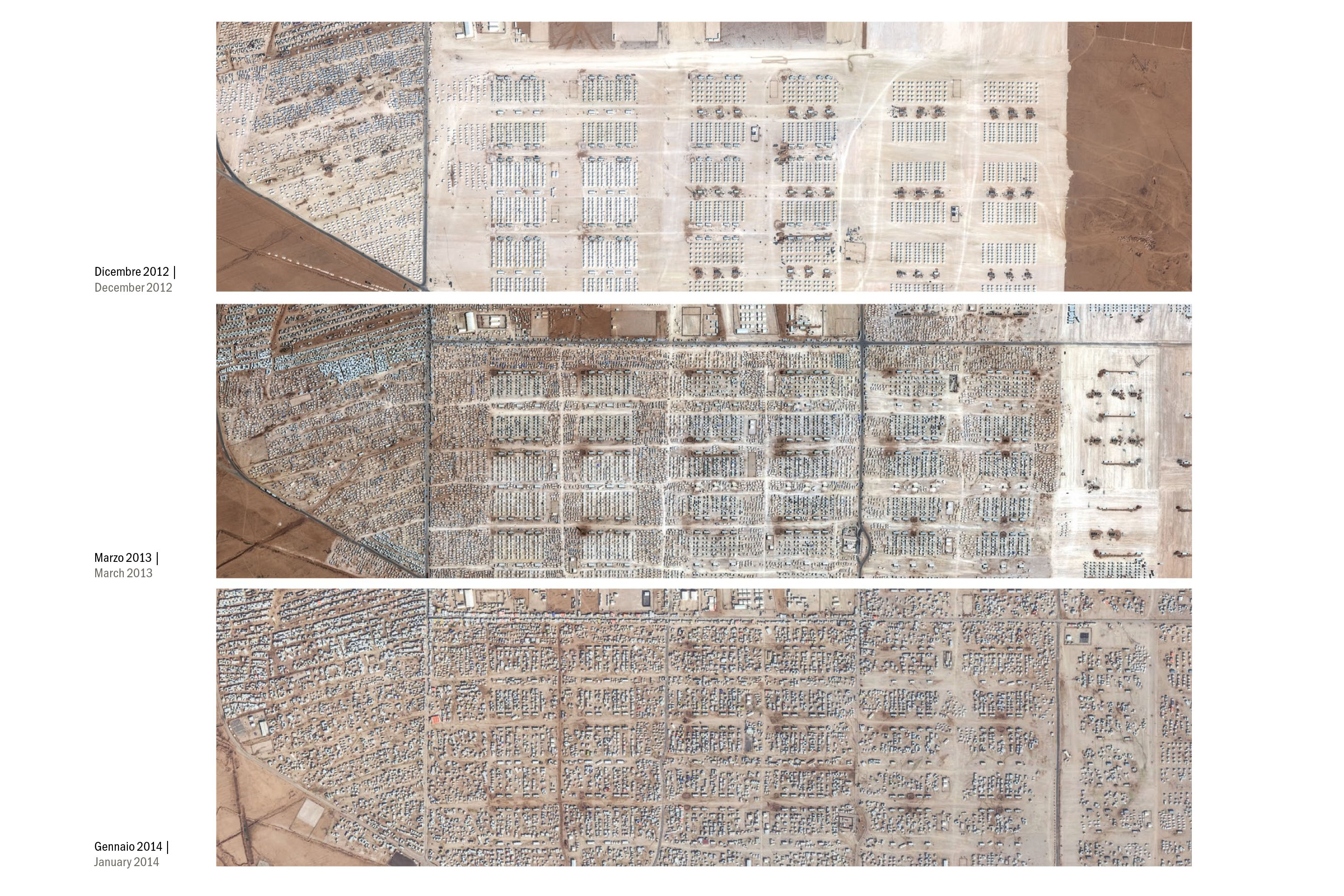 La trasformazione del campo di Zaatari tra il 2012 e il 2014, come risulta dalle immagini satellitari.
