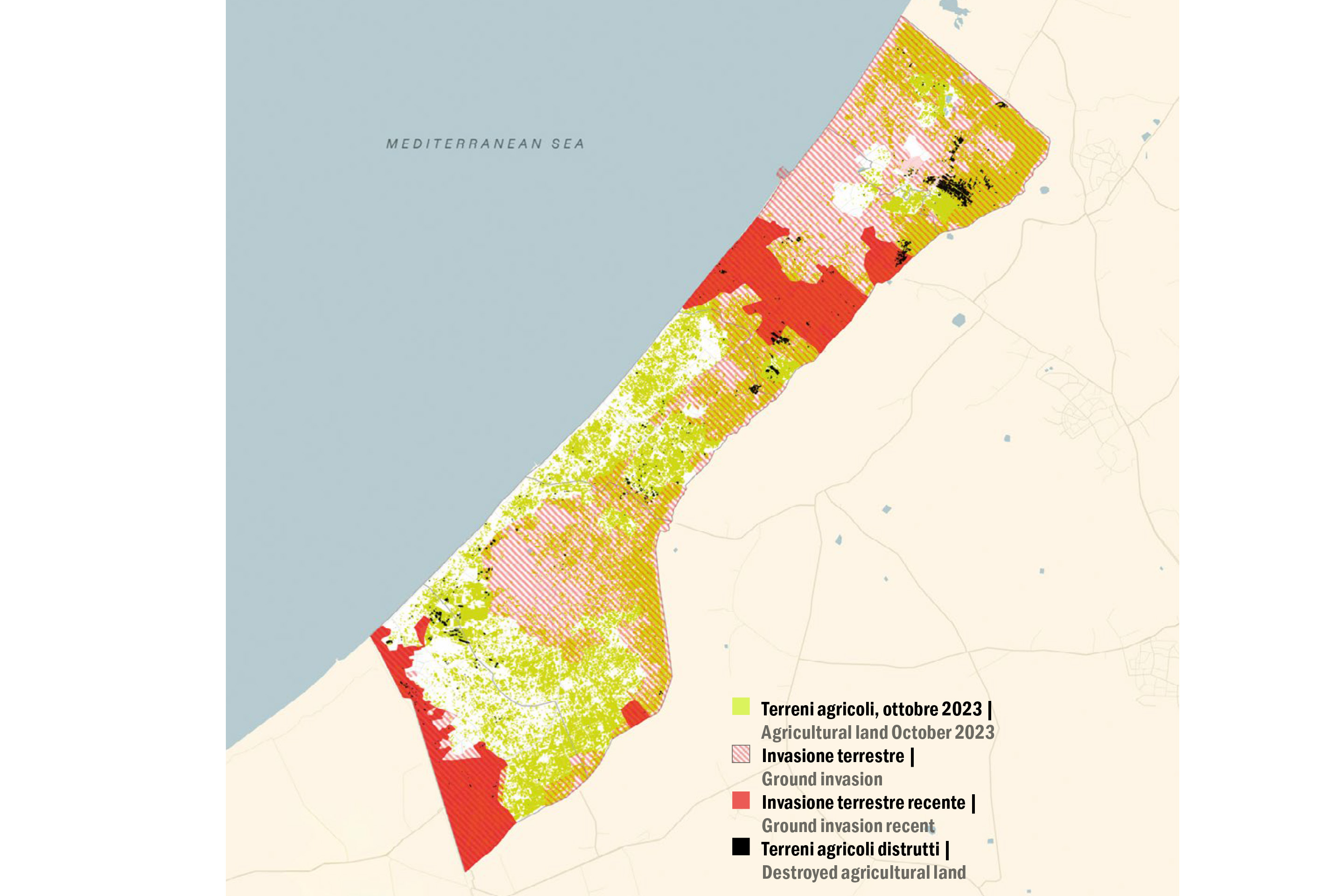 Analisi della perdita di infrastrutture agricole in relazione all’avanzata terrestre tra maggio e giugno 2024. Il mosaico su cui si basa l’analisi comprende immagini satellitari del 4, 9, 14, 24 e 29 maggio e del 3, 8, 11, 13, 18 e 23 giugno
