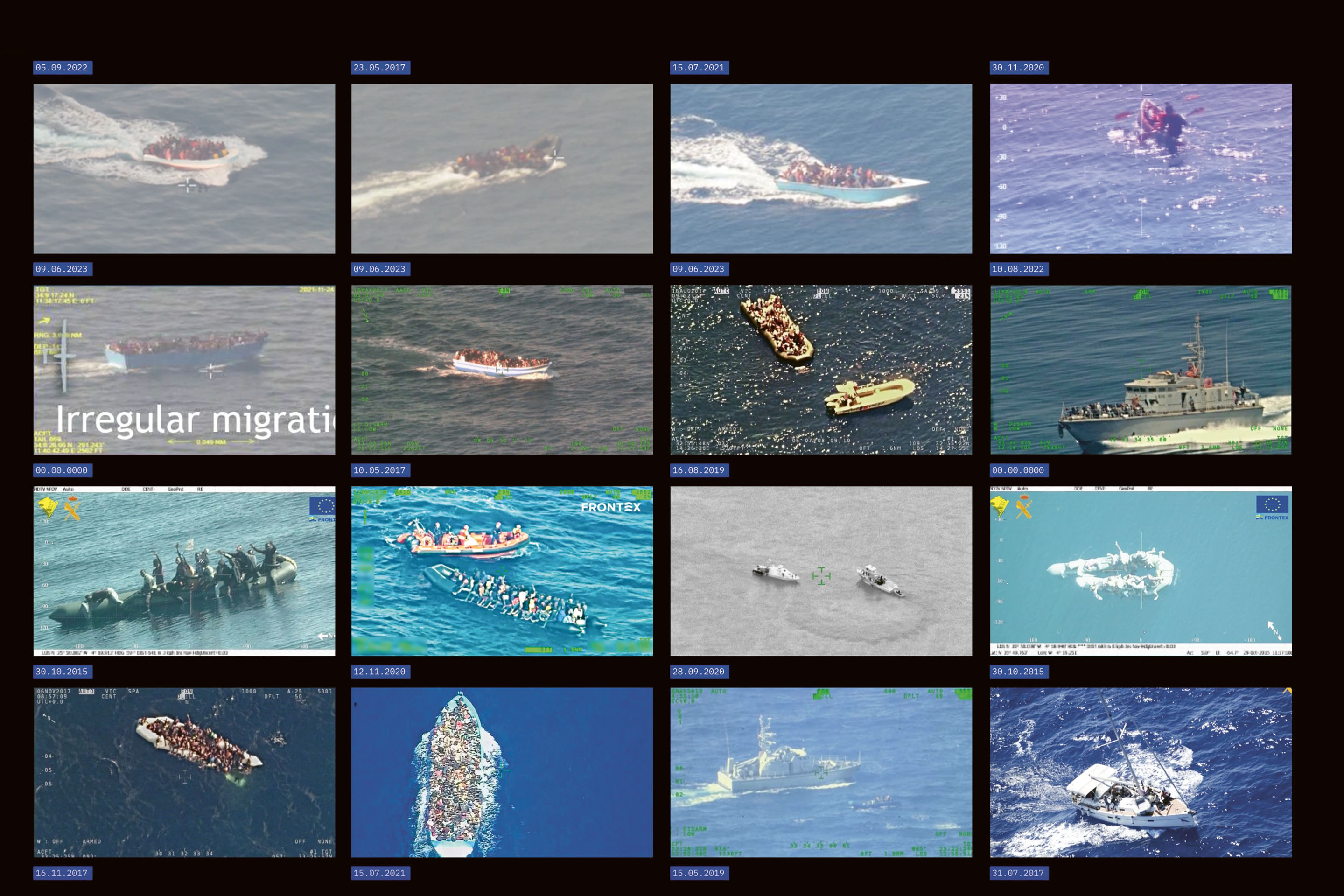 Tre fotogrammi tratti da Asymmetric Visions, un’indagine sulla logica operativa e sulle capacità sensoriali del drone Heron impiegato nel pattugliamento del Mediterraneo centrale per conto di Frontex.