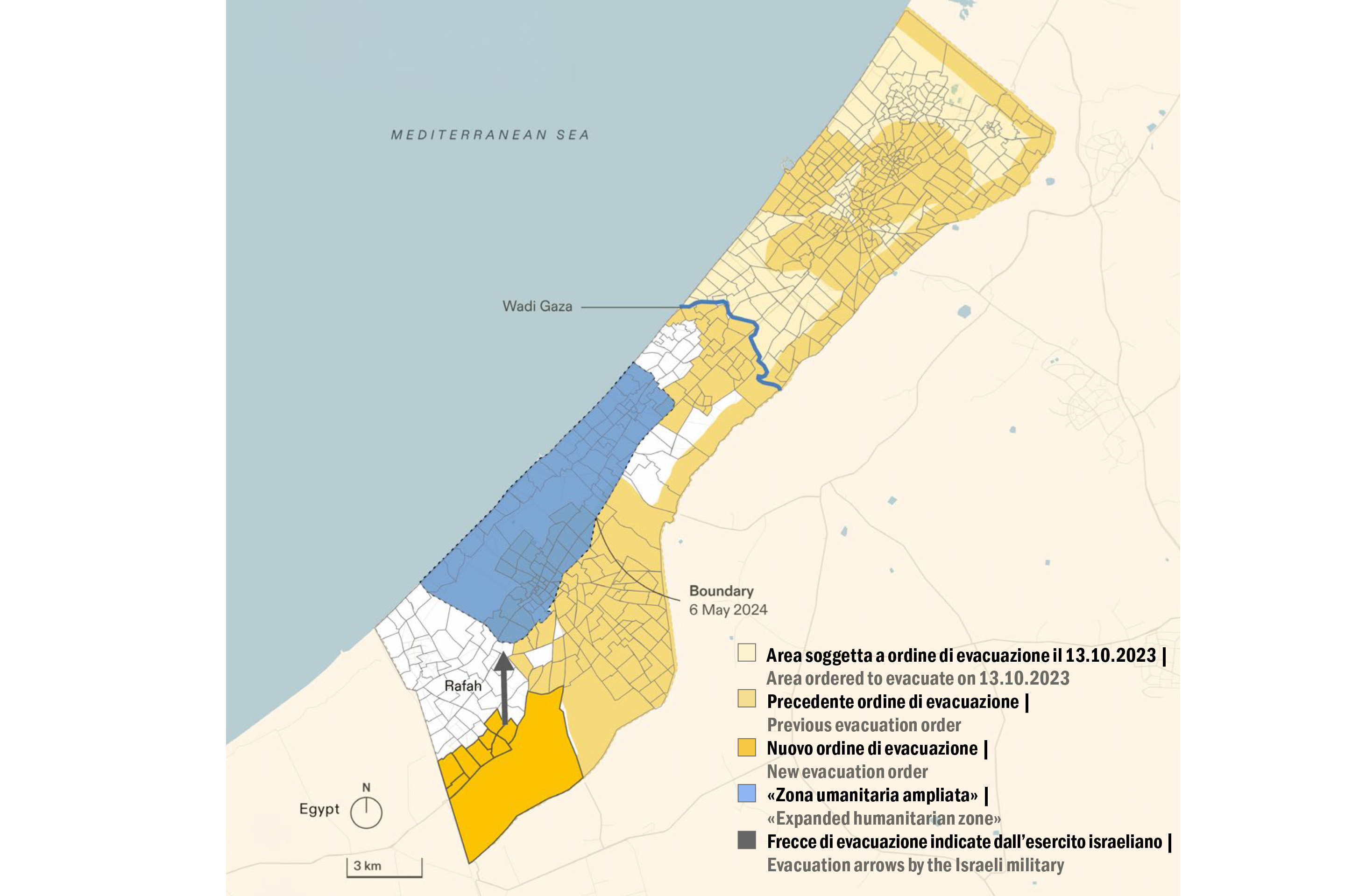 La mappa che mostra gli attacchi aerei geolocalizzati registrati nel nostro database include gli attacchi avvenuti prima dell’ordine di evacuazione verso il sud di Gaza del 28 ottobre 2023. 426 su 1028 si trovano nel sud di Gaza, verso cui i civili erano stati invitati a spostarsi. Questi includono attacchi sia nel nord che nel sud, sia prima che dopo l’ordine di evacuazione del 13 ottobre
