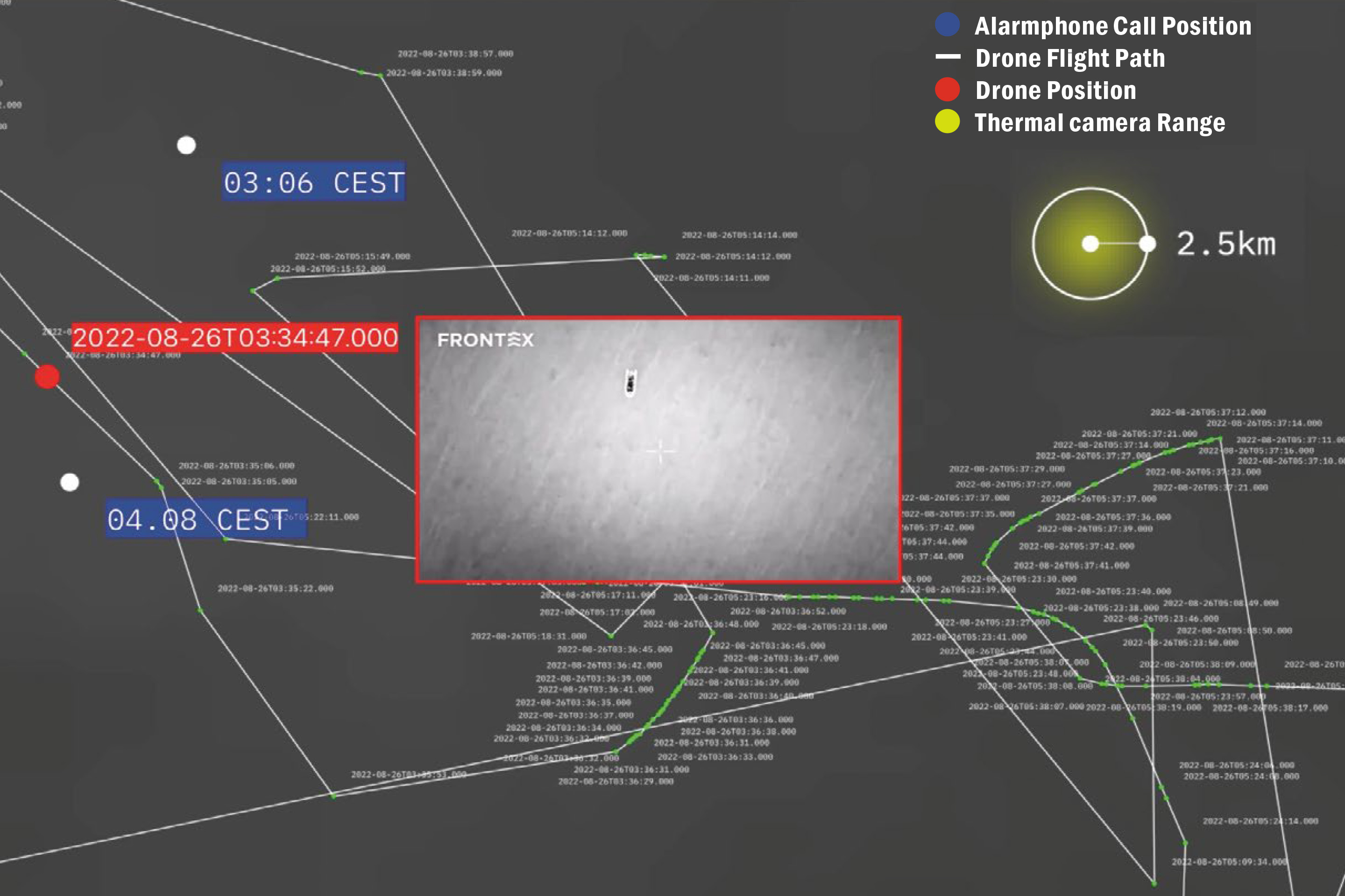 Three stills from Asymmetric Visions, an investigation into the operational logic and sensory capabilities of the Israeli-built Heron drone deployed to patrol the Central Mediterranean on behalf of Frontex.
