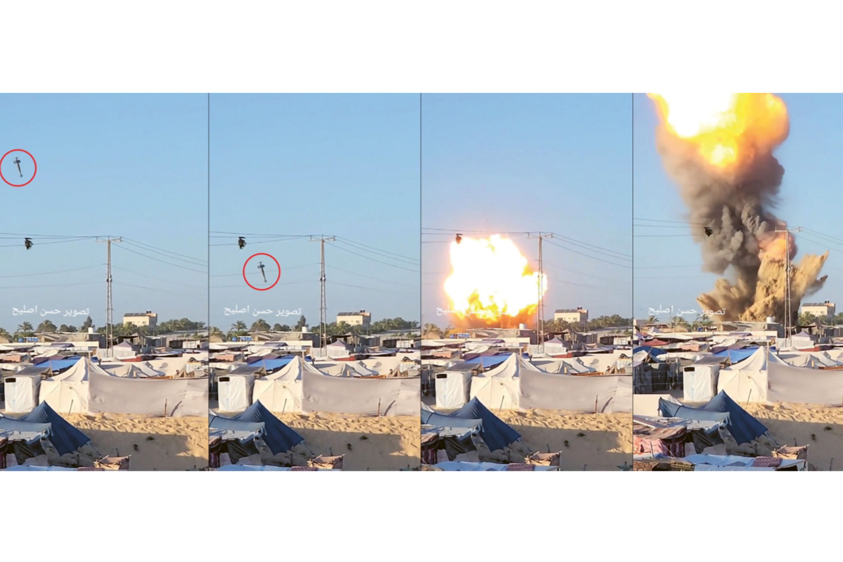 Video stills of the attacks recorded in the al-Mawasi «humanitarian zone» on 24 May 2024; the munition is highlighted in red. Source Forensic Architecture, A Spatial Analysis of the Israeli Military’s Conduct in Gaza since October 2023, report dated 15th October 2024