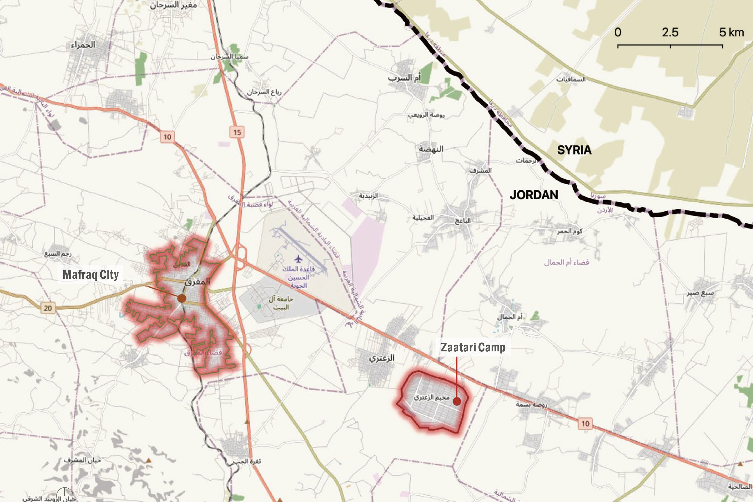 Zaatari Refugee Camp in Its Regional Context: Between Mafraq City and the Jordan–Syria Border. Source Map produced by the author in 2025 using QGIS. Data souce Mafraq Governorate and UNHCR.