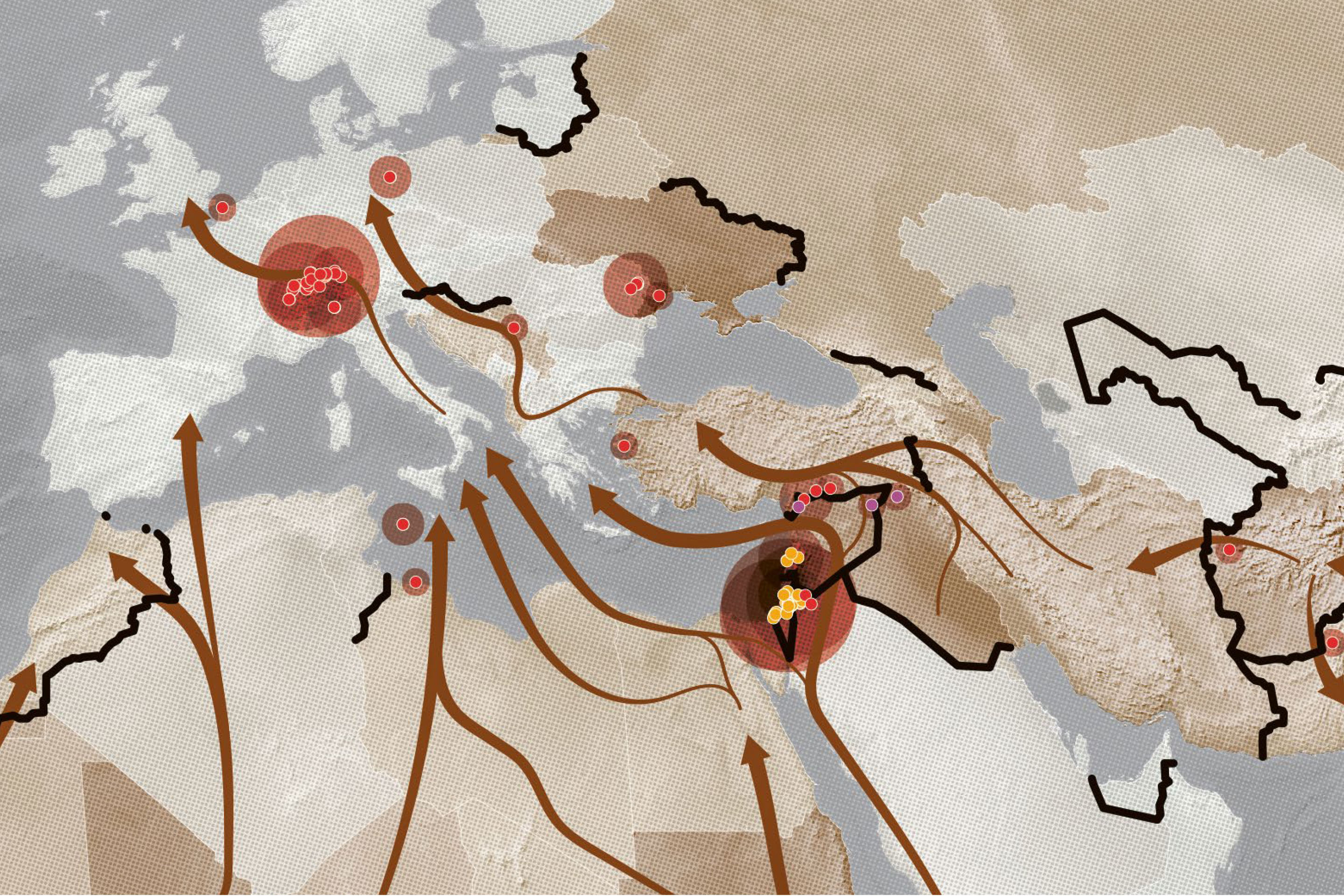 Mediterranean focus showing displacement routes, border infrastructures, and refugee reception facilities