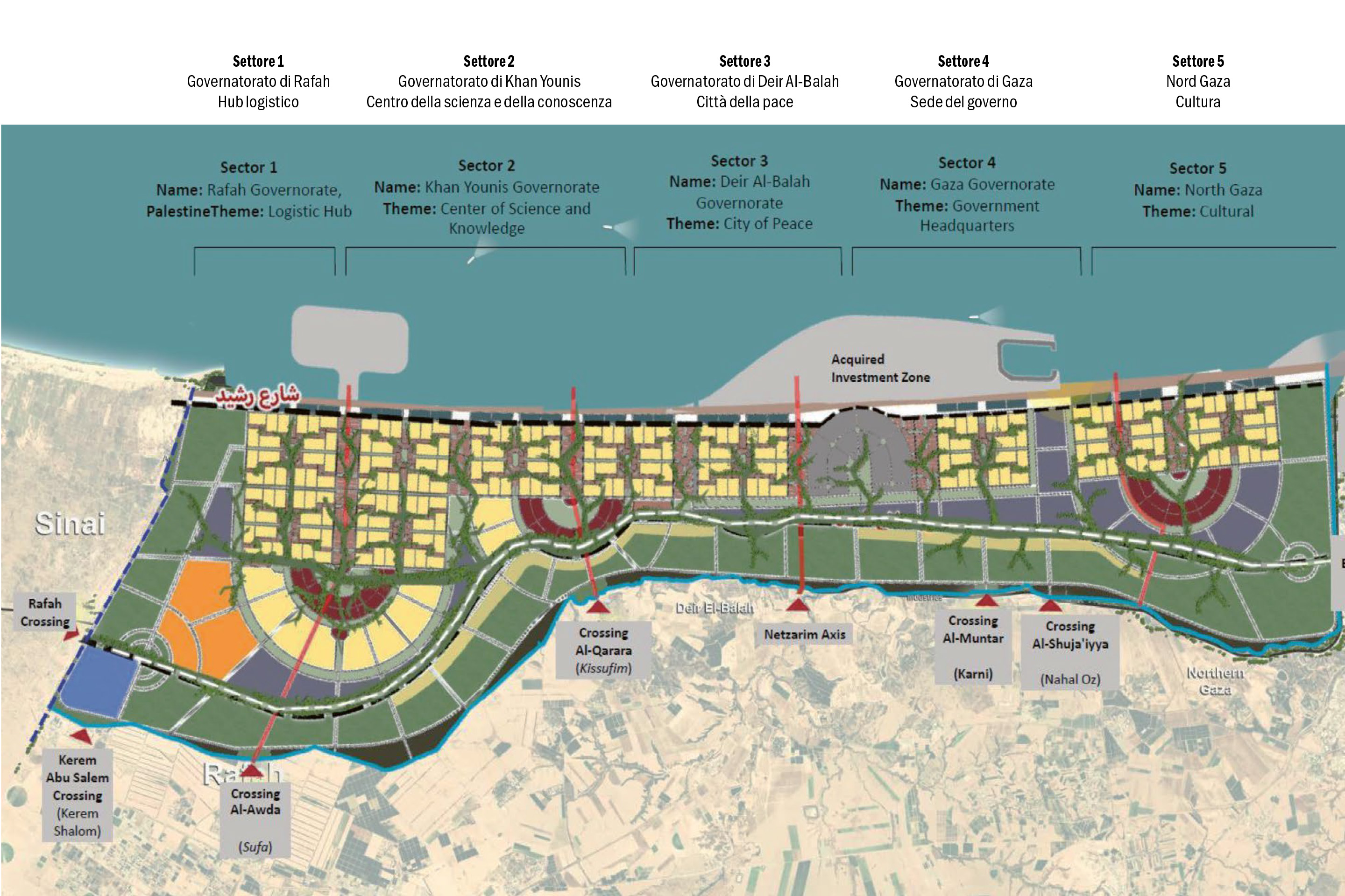 Egyptian plan for the reconstruction of Gaza, adopted by the Arab League, March 2025: the five-year masterplan appears to incorporate buffer zones and corridors created by the Israeli army, anticipating the spatial configuration later formalised by the «Yellow Line» of the October 2025 ceasefire.