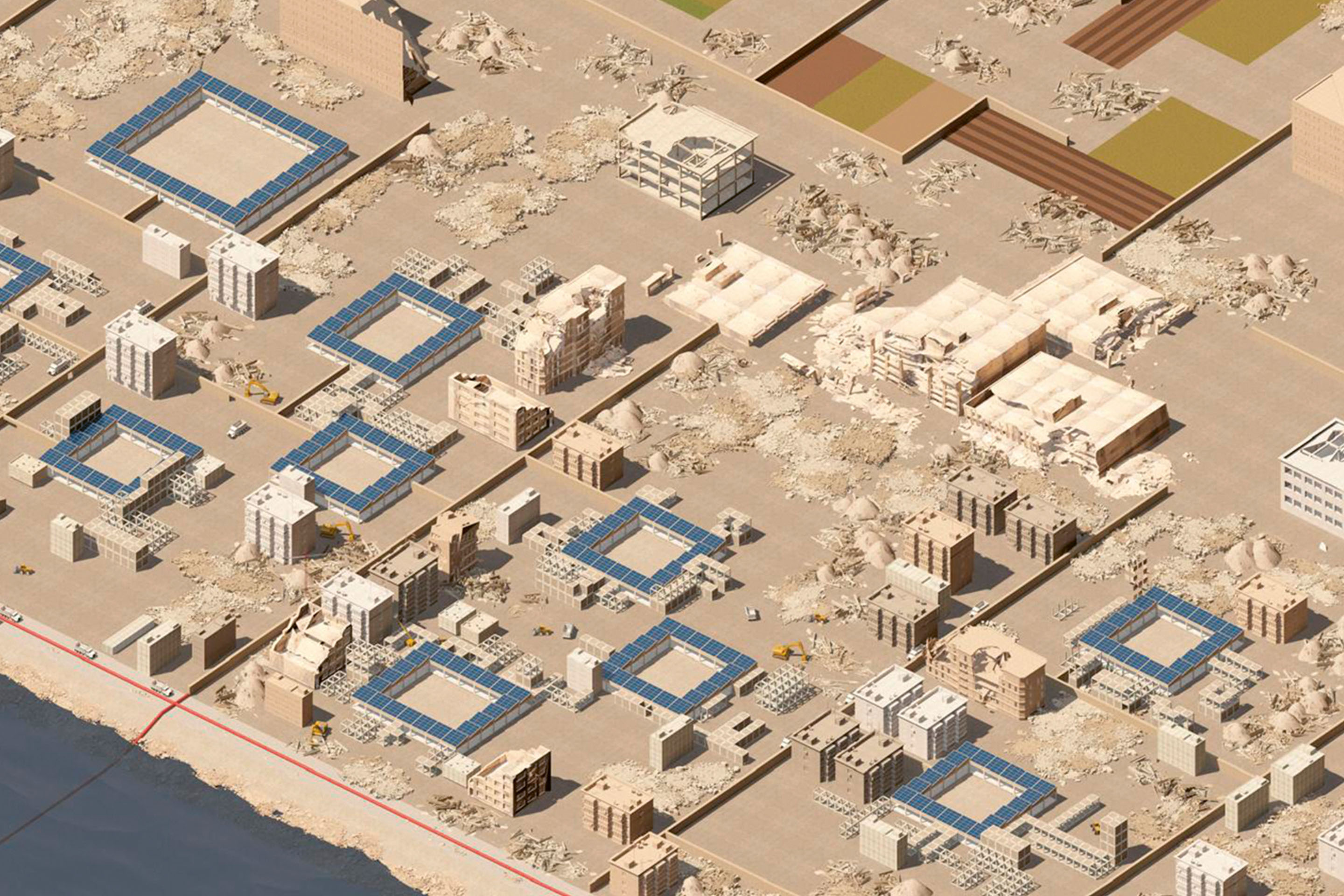 Three stages in the evolution of Università Iuav di Venezia’s project for the reconstruction of Gaza. The masterplan for the Gaza Phoenix project, developed by Dar Al-Omran (DAO), is conceived not as a rigid instrument but as an interface that engages with local property ownership, allows for feedback and continuous evolution, and acts as a platform for negotiation between the different actors – state, municipality and community – aligning short-term aid with a long-term emancipatory urbanism.