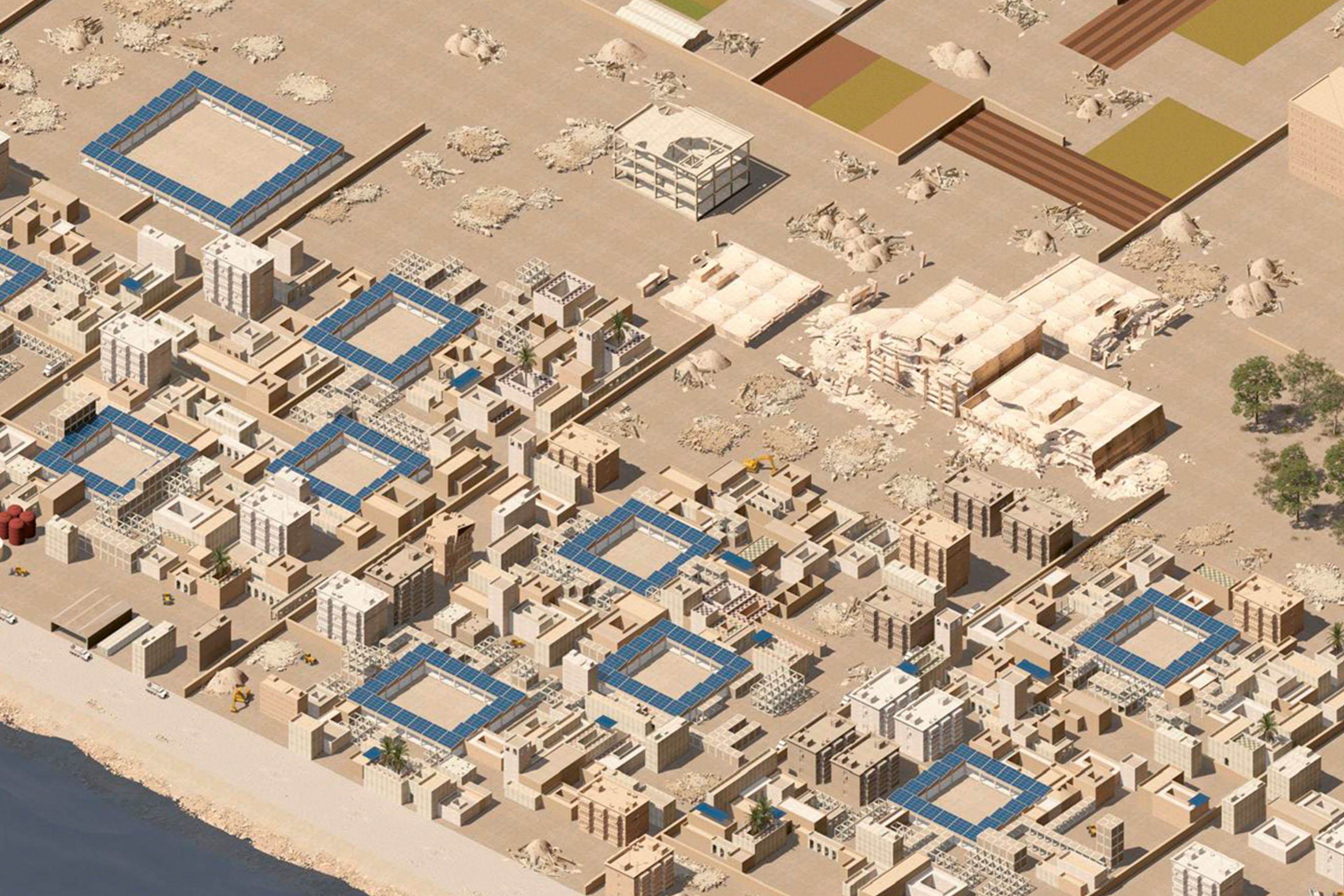 Tre fasi dell’evoluzione del progetto dell’Università Iuav di Venezia per la ricostruzione di Gaza. Il masterplan del progetto Gaza Phoenix, sviluppato dallo studio Dar Al-Omran (DAO) non è concepito come uno strumento rigido ma come un’interfaccia che interagisce con la proprietà locale, consente il feedback e l’evoluzione continua; funziona inoltre da piattaforma di negoziazione tra i diversi attori (stato, comune, comunità) e allinea gli aiuti a breve termine con un’urbanistica emancipativa a lungo termi