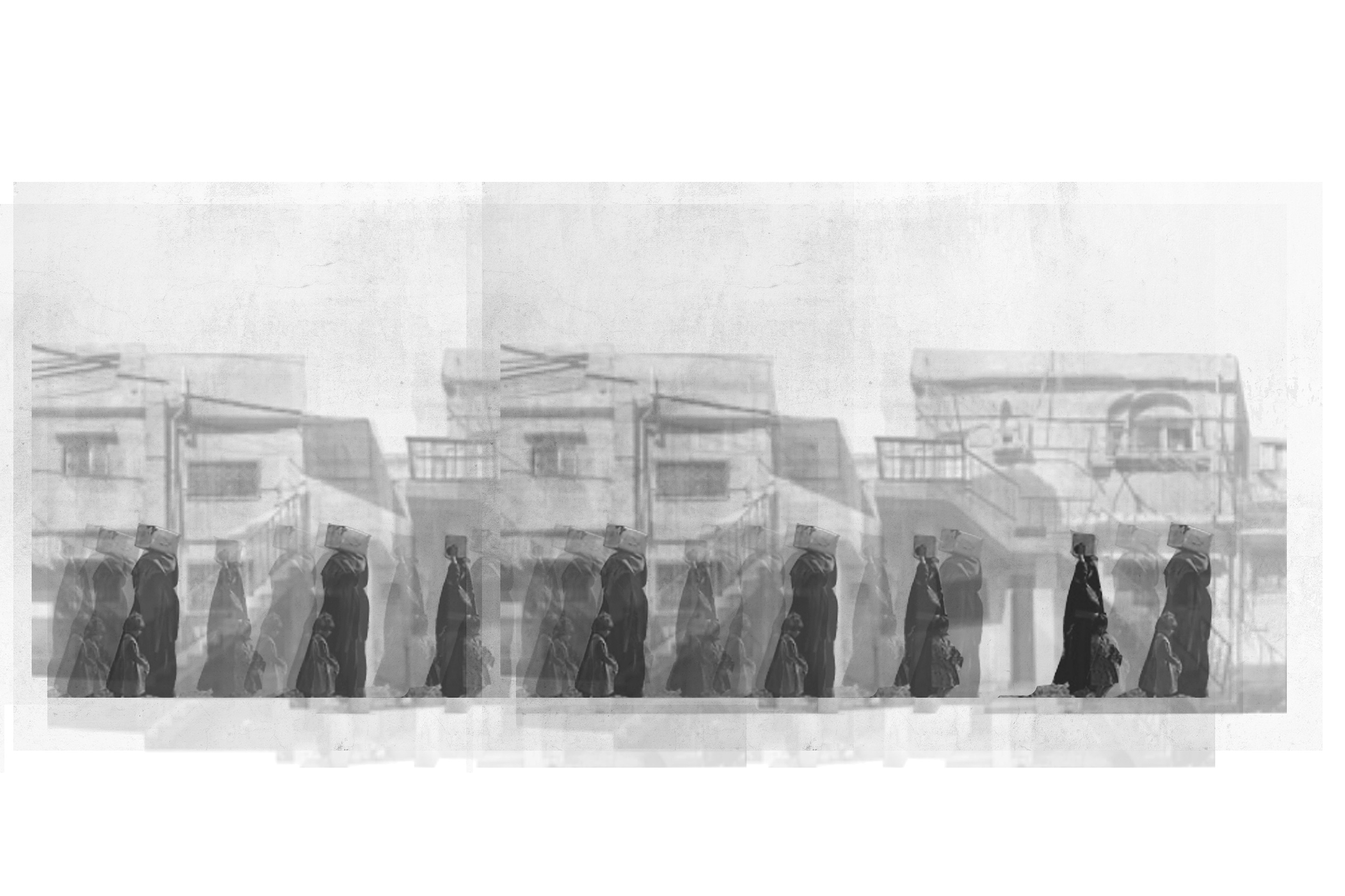A collage showing women out to get water for their families in the past, in the present