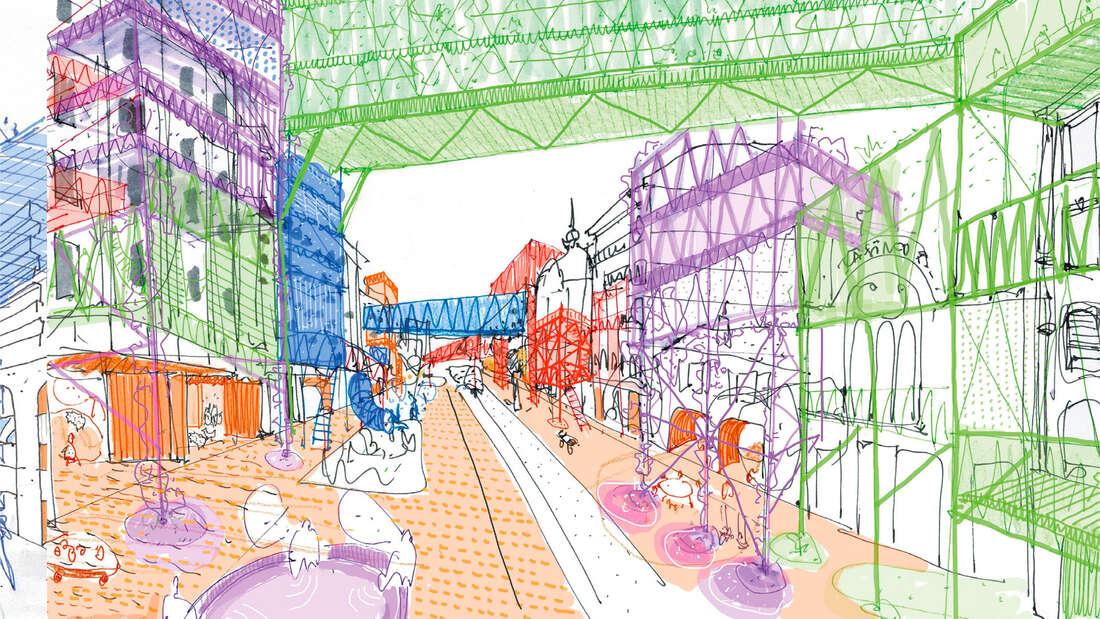 Illustration au feutre colorée d’une rue urbaine imaginée, avec structures temporaires, échafaudages, végétation et mobilier superposés en plusieurs couleurs (vert, violet, bleu, orange, rose).