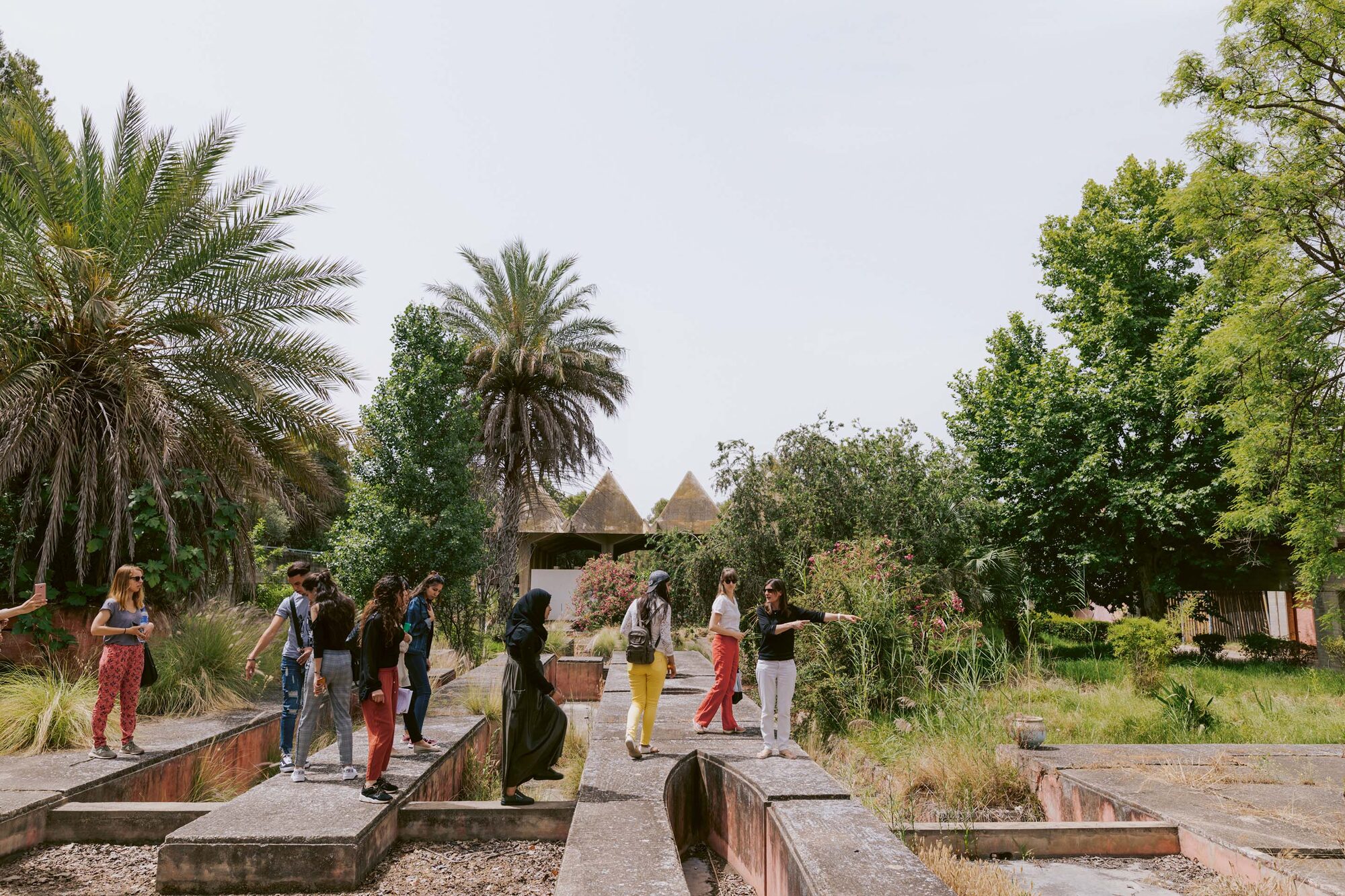 Groupe en visite guidée dans le ryad planté de palmiers de Sidi Harazem, marché en arrière-plan