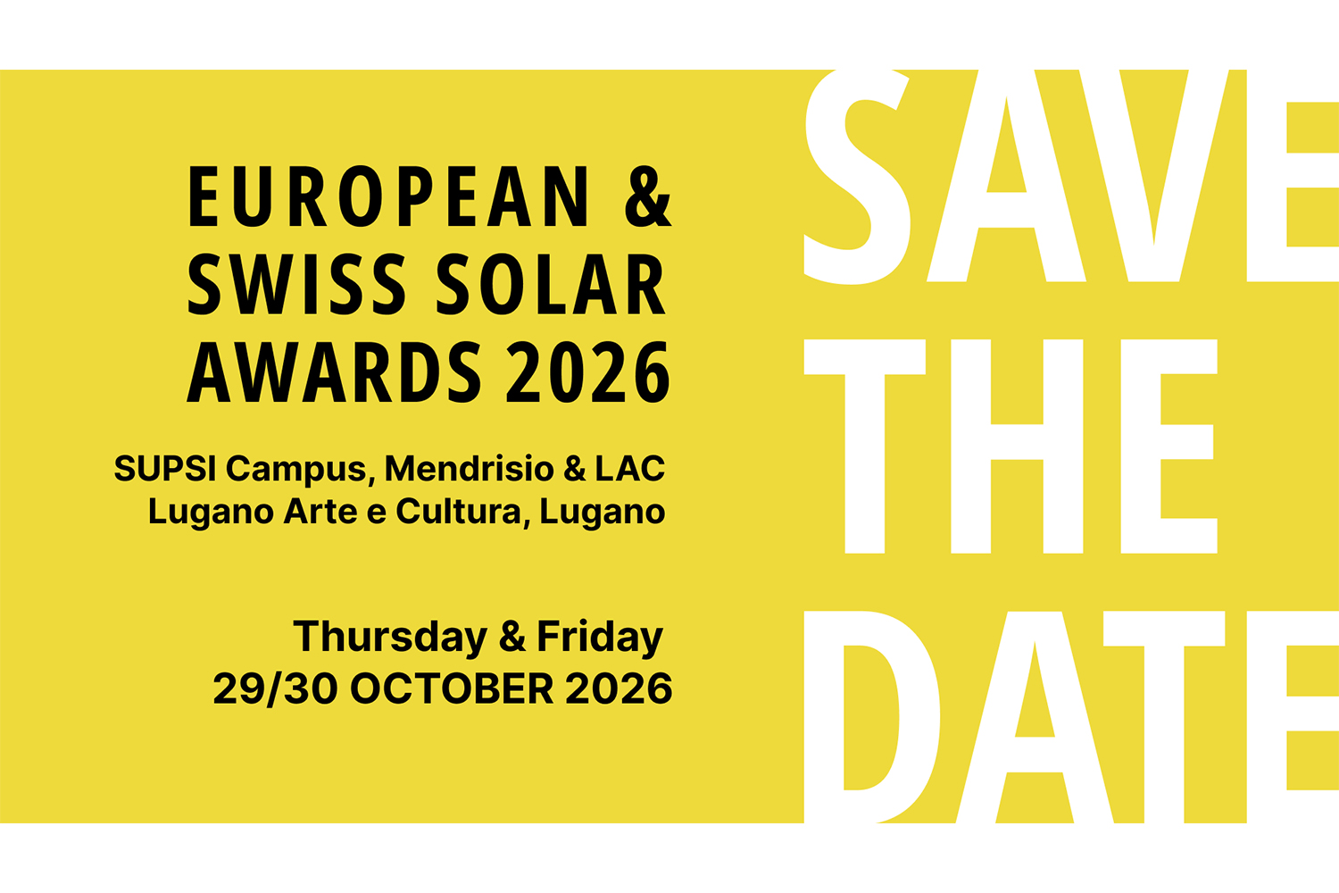 Solar Machines Conference | European &amp; Swiss Solar Awards 2026, Mendrisio &amp; Lugano, 29-30 October 2026