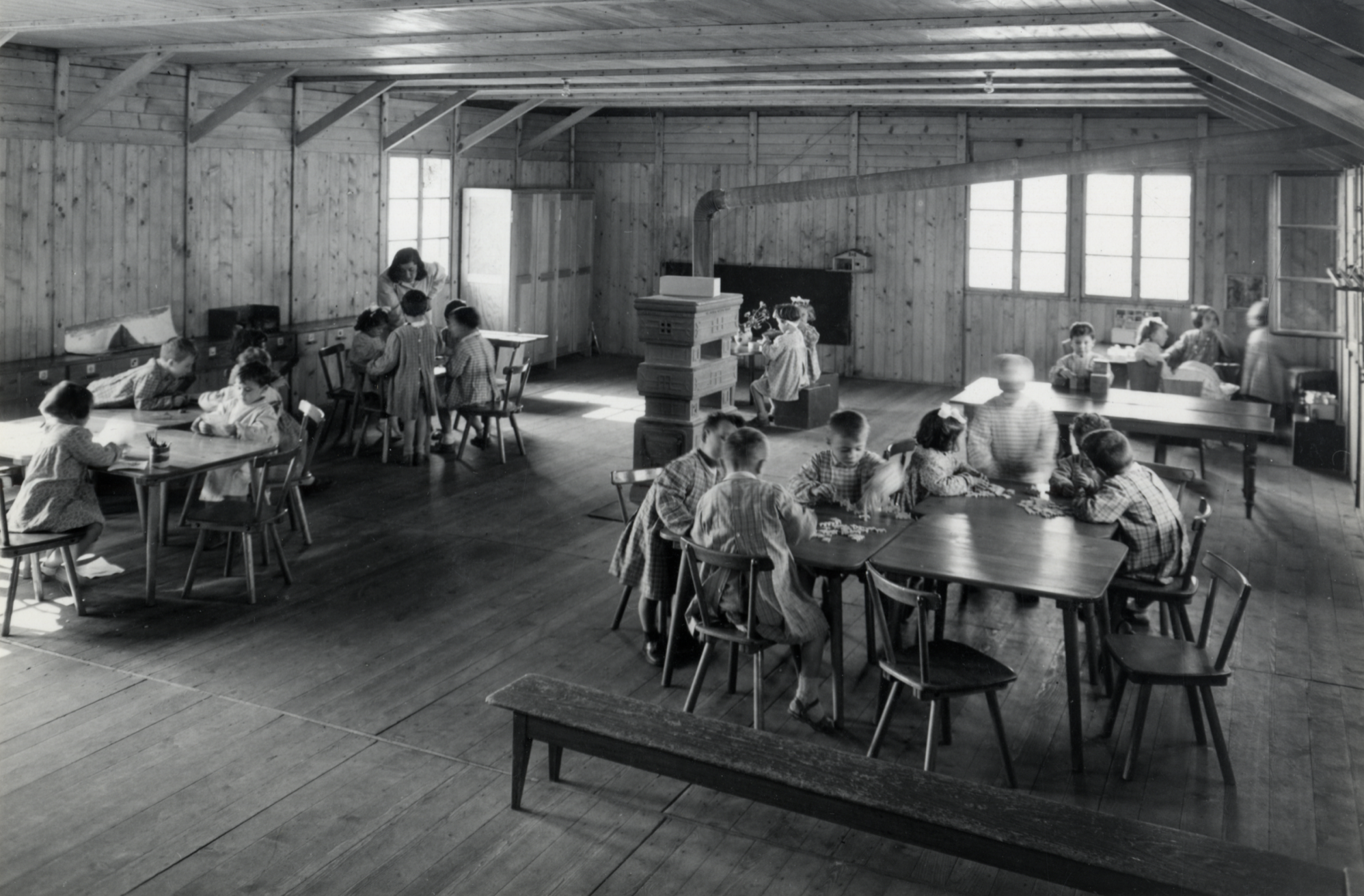 The interior of one of the classrooms in the Swiss prefabricated wooden barracks at the CEIS.