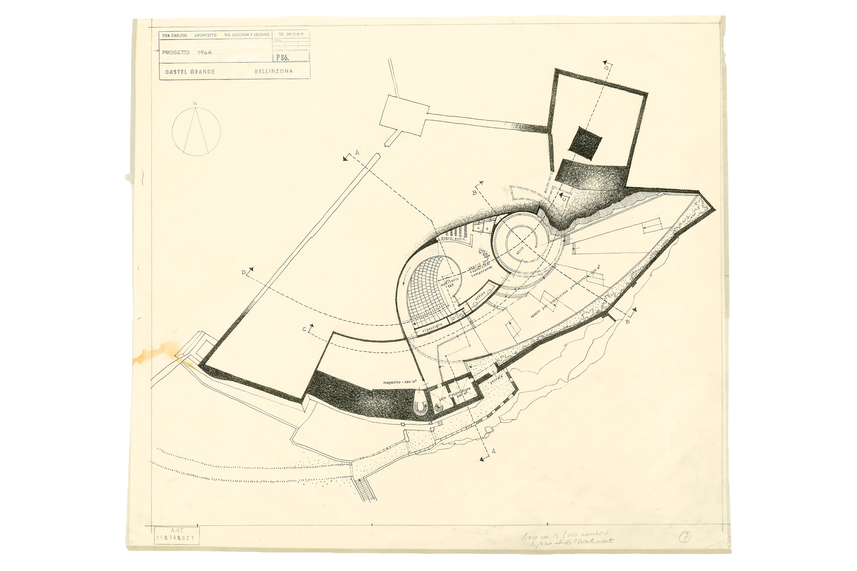 Primo progetto per Castelgrande (1964), pianta piano interrato.