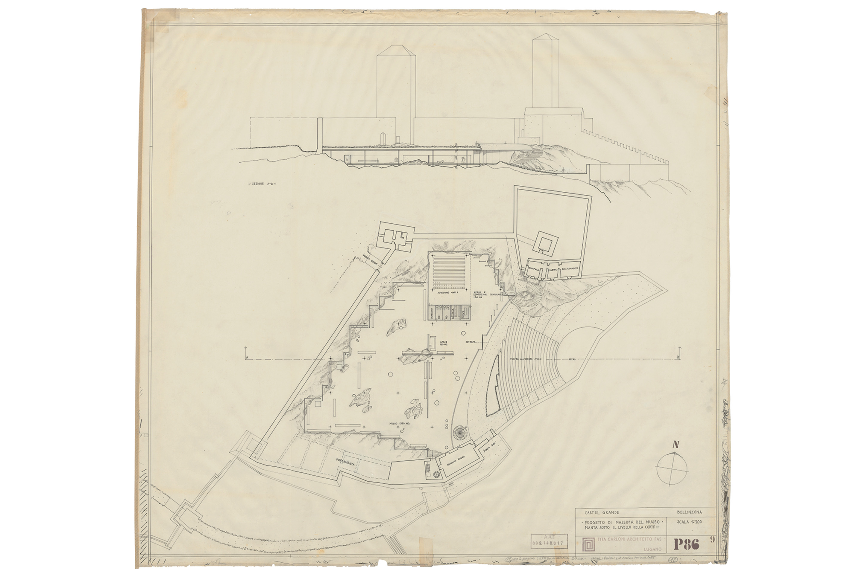 Secondo progetto per Castelgrande (1967), pianta piano interrato e sezione.