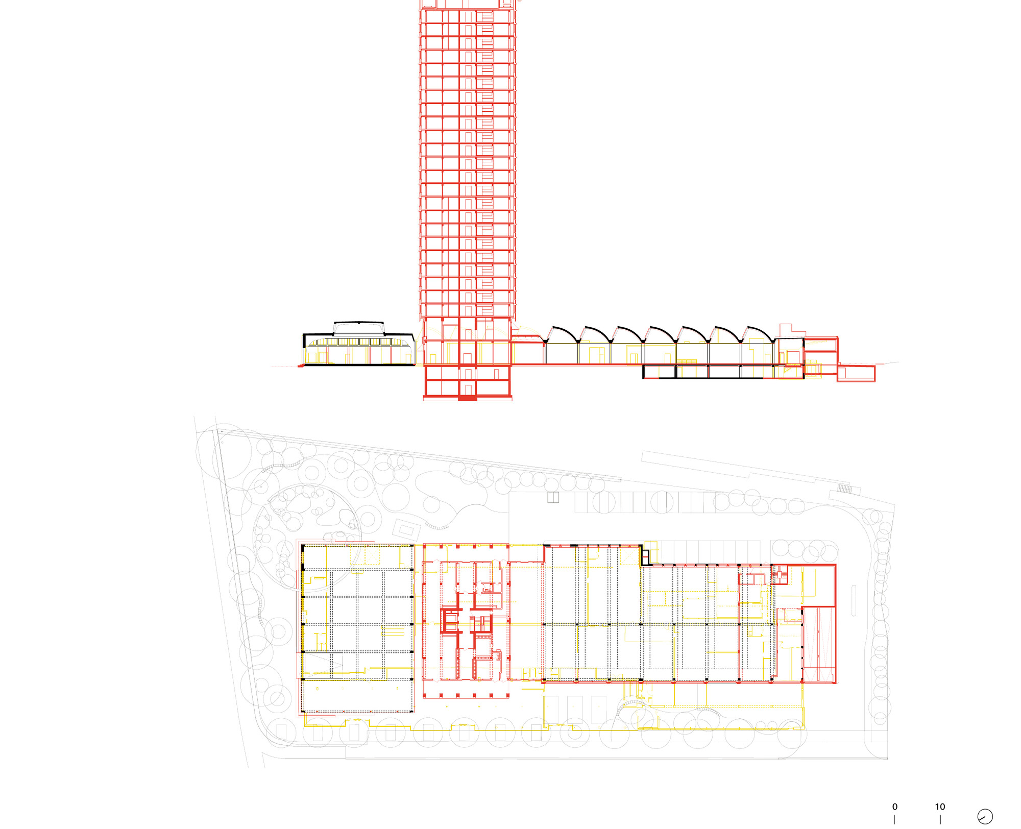 Coupe et plan de rez-de-chaussée de l'Alto Tower, montrant l'insertion de la tour entre les deux hangars conservés.