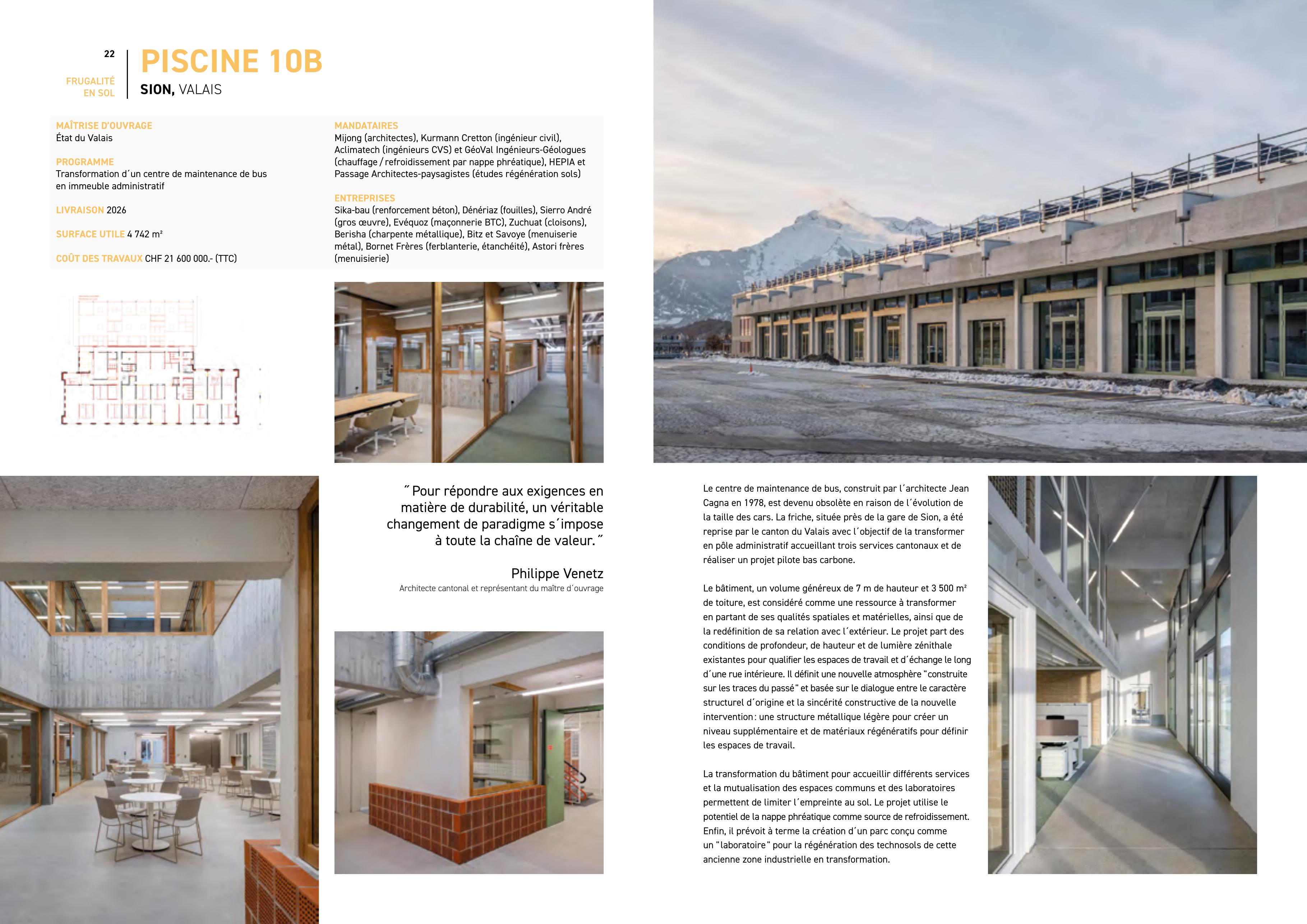 Double page du livre présentant le projet Piscine 10B à Sion, avec photographies du bâtiment transformé
