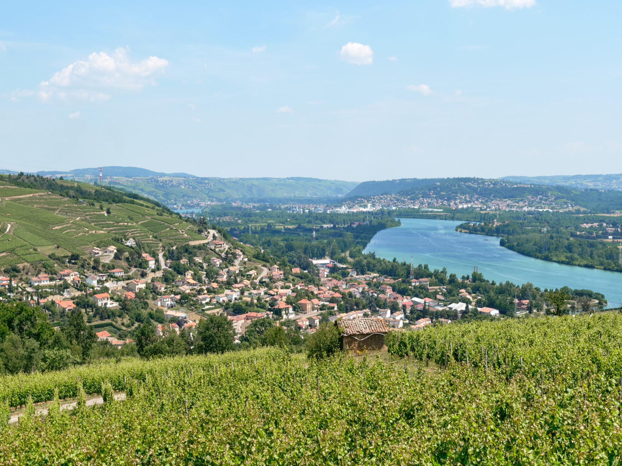 Vue du Rhône et de ses berges à Chavanay, Haut-Vivarais.