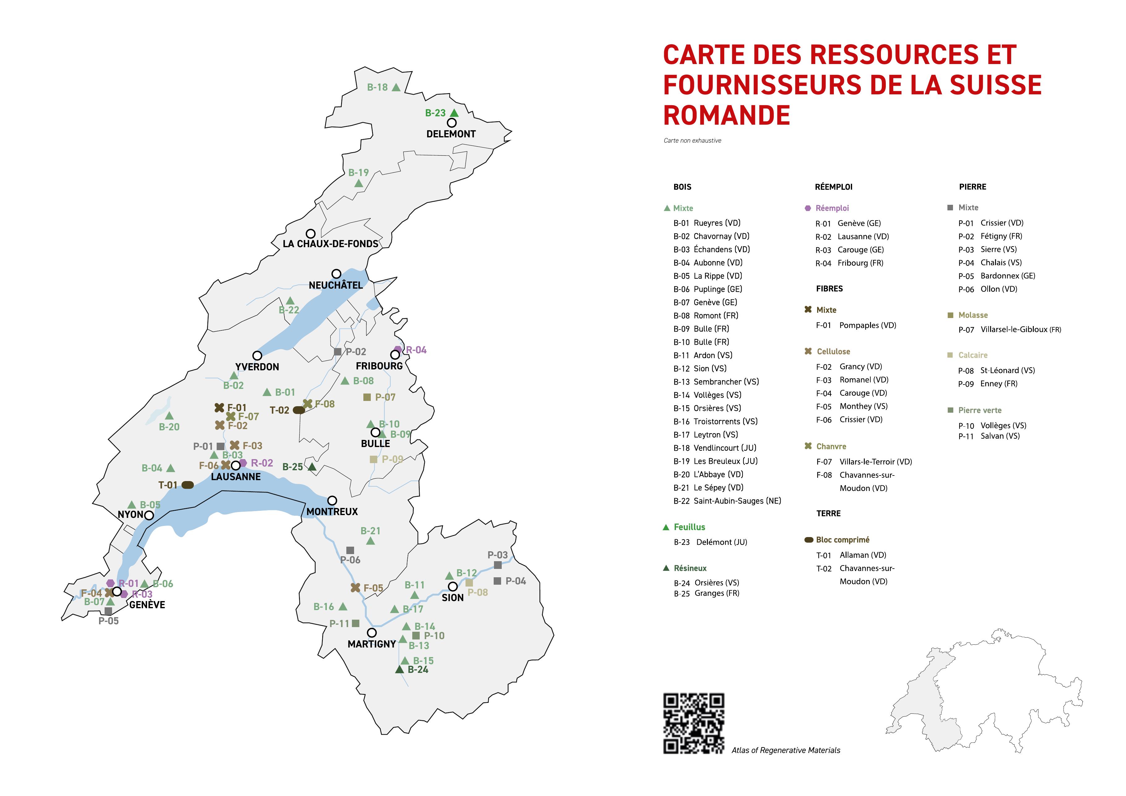 Carte de la Suisse romande localisant les fournisseurs de bois, terre, pierre et matériaux de réemploi