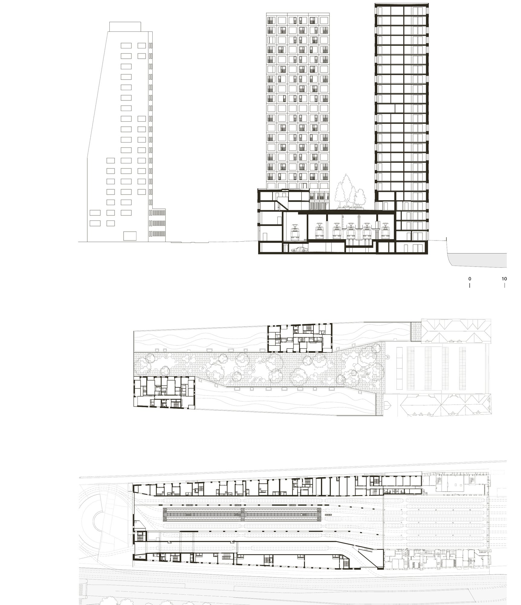 Coupe transversale, plan d’étage type et plan de rez-de-chaussée de Depot Hard, avec la silhouette de l’Escher Terrace en arrière-plan sur la coupe.
