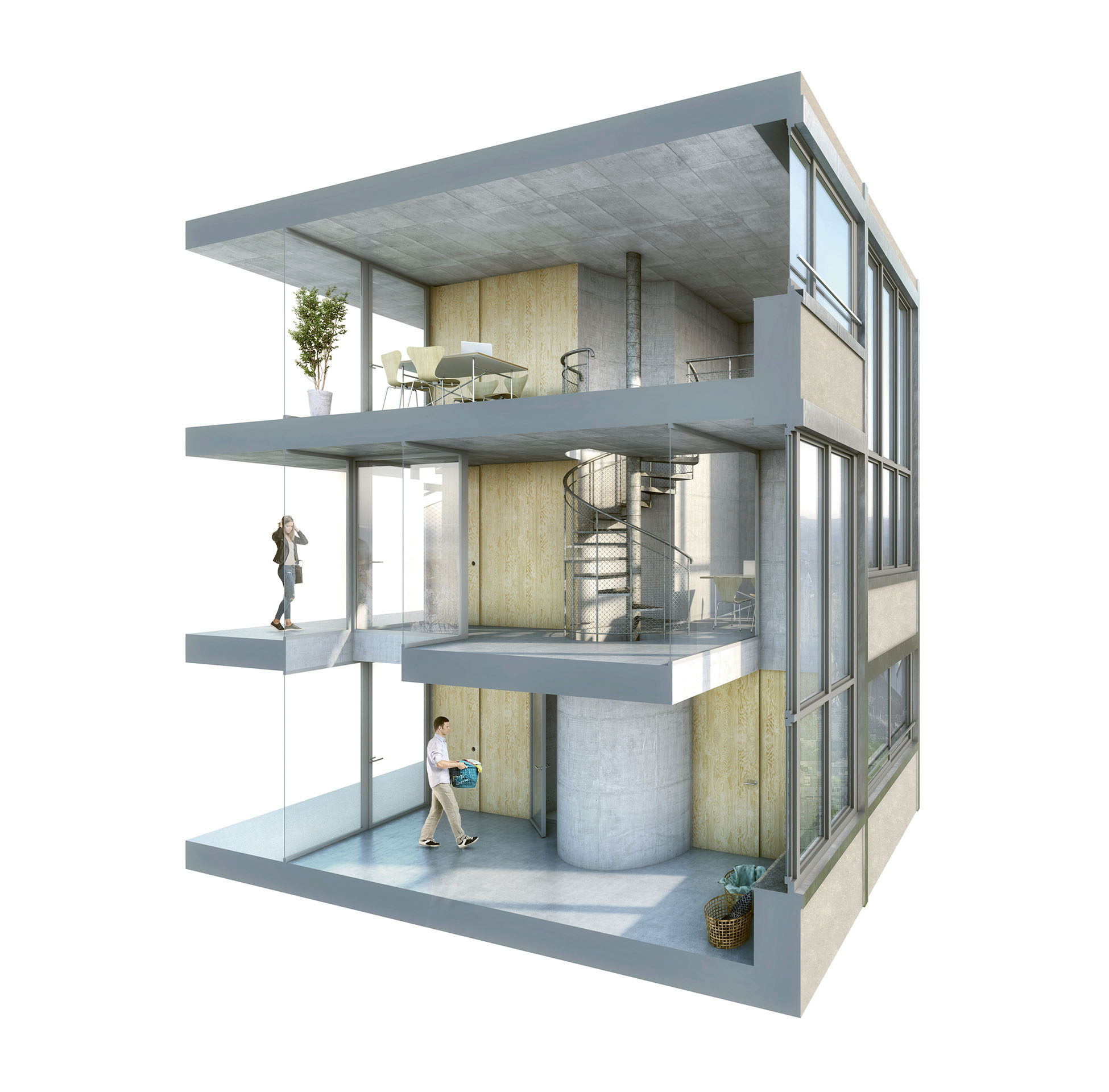 Coupe axonométrique d’un cluster de trois étages de la tour ABZ, montrant l’escalier hélicoïdal intérieur reliant les logements, la buanderie et un espace de travail partagé.