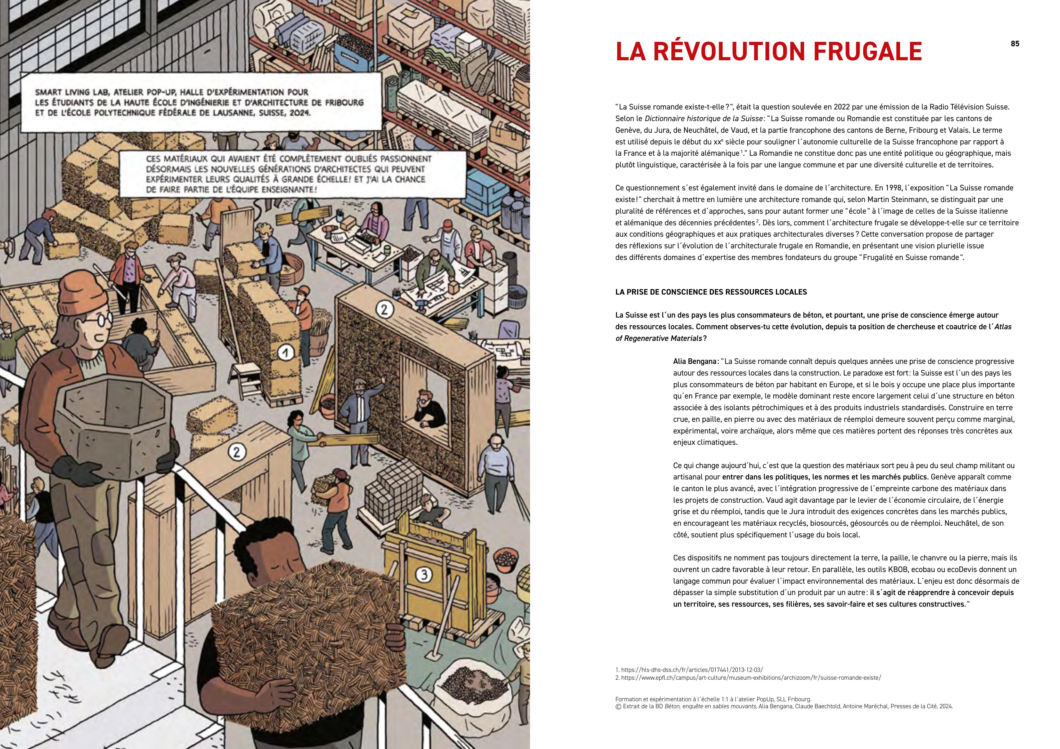 Double page du livre avec l’entretien La révolution frugale et une illustration de bande dessinée