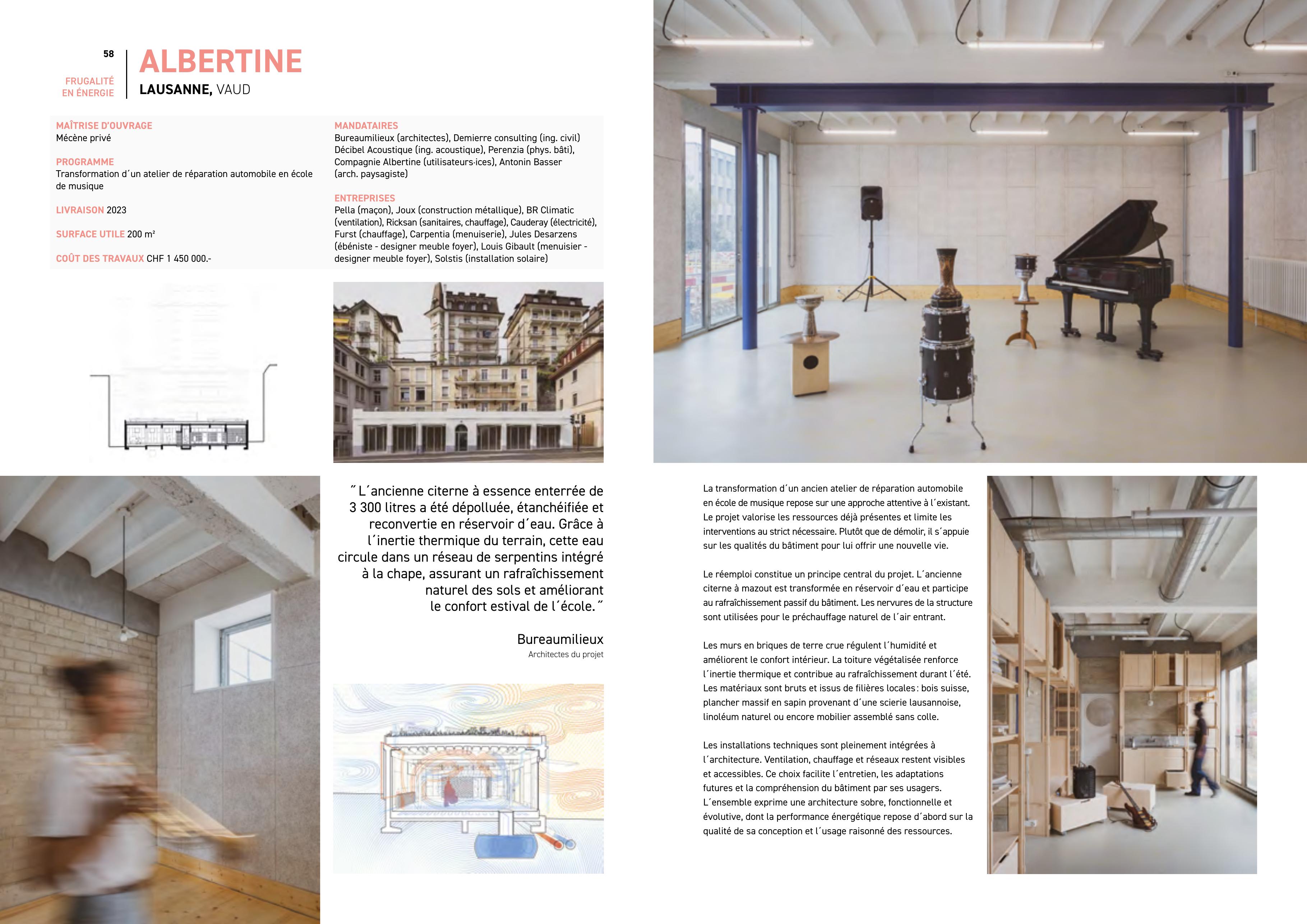 Double page du livre présentant le projet Albertine à Lausanne, avec photographies de l’intérieur