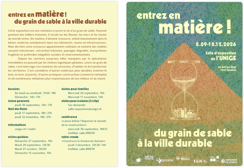 Flyer de l'exposition «Entrez en matière!»: panneau d'informations pratiques et couverture, UNIGE