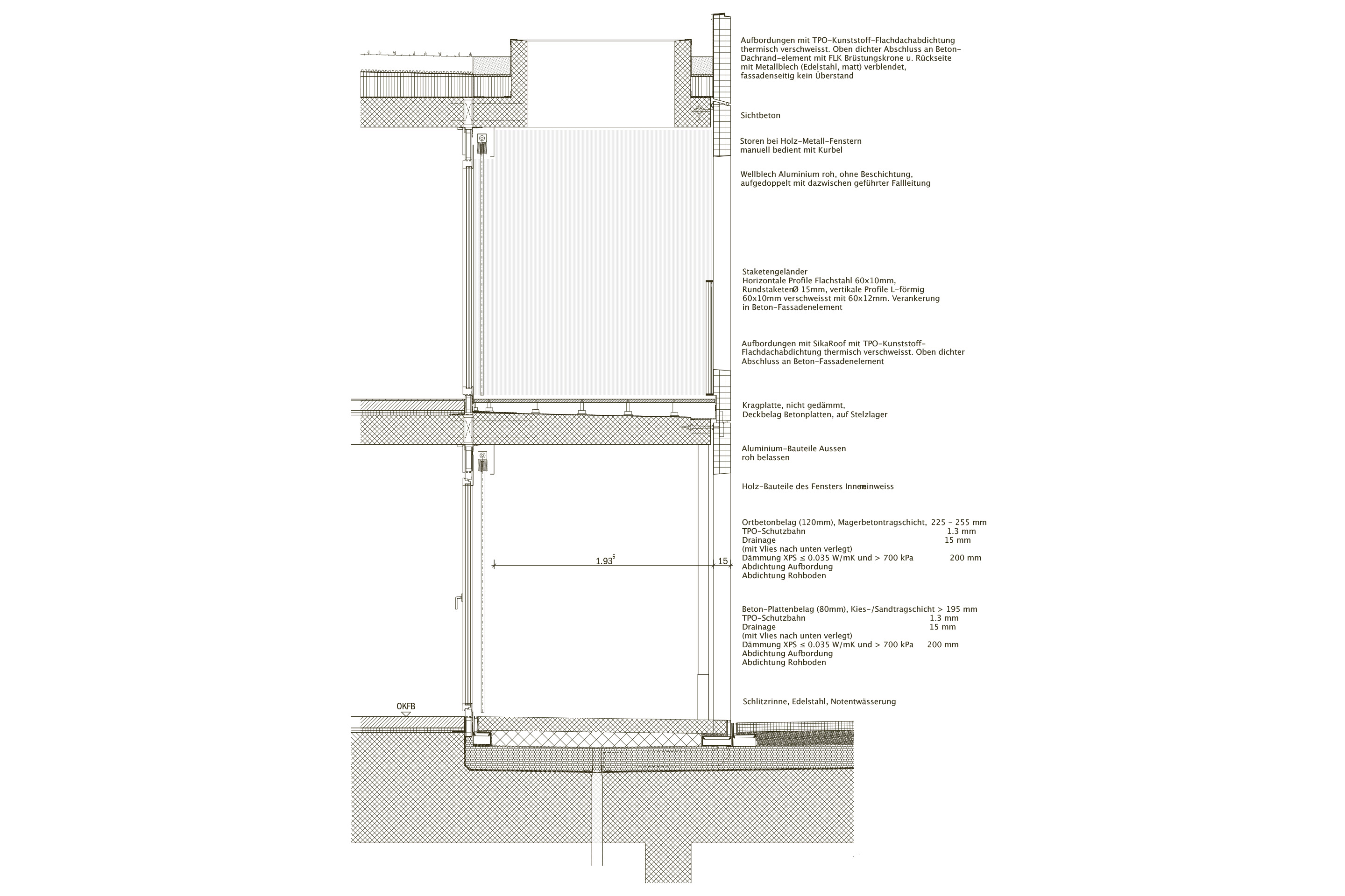 Sezione costruttiva della casa duplex affacciata sulla corte