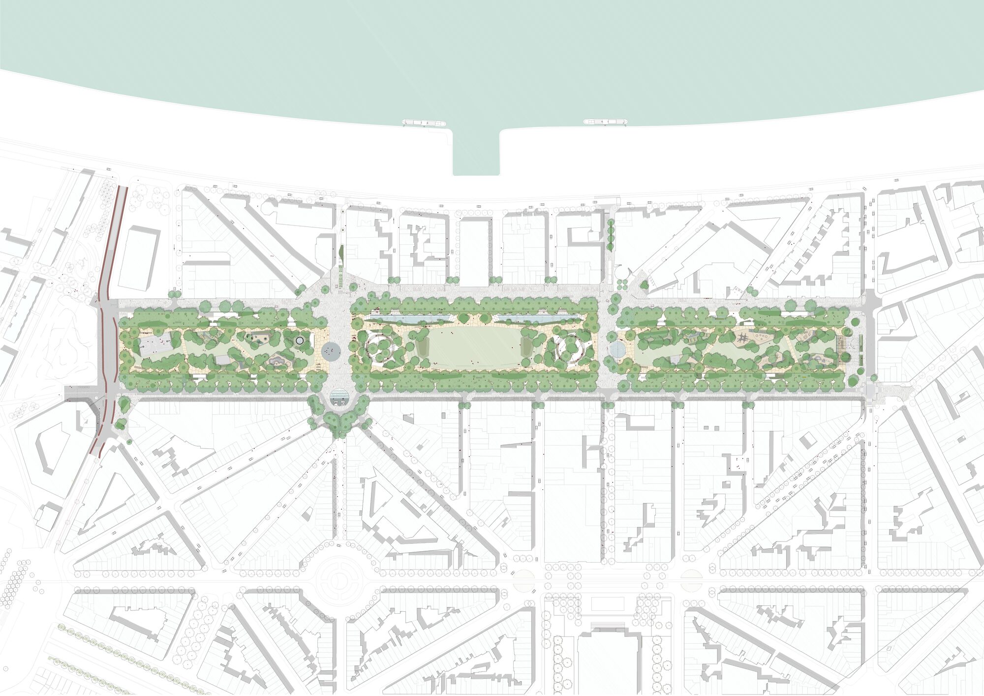 Plan du Zuidpark: trois séquences de parc vert insérées dans la trame urbaine d’Anvers.