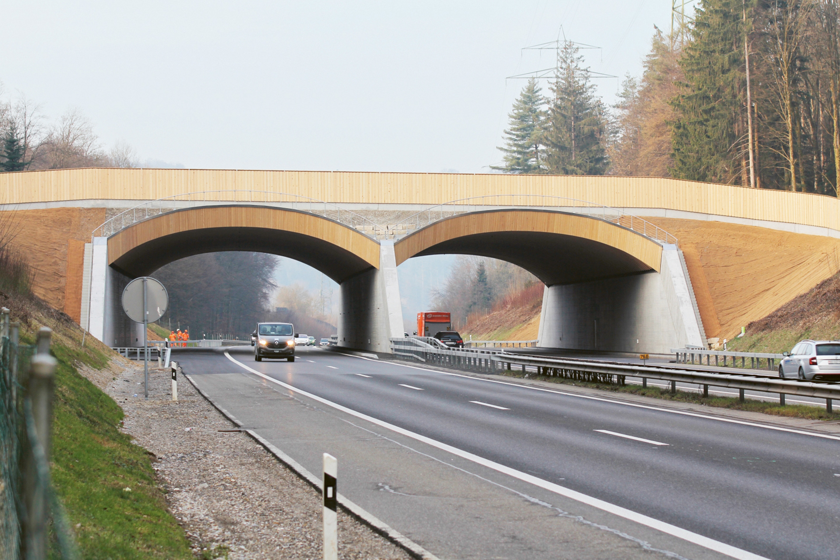 Wildtierüberführung Rynetel, 2021 (Bundesamt für Strassen ASTRA, Infrastrukturfiliale Zofingen; Ingenieurgemeinschaft WUEF, Bänziger Partner, Timbatec Holzbauingenieure;  ARGE FERA Aarvia Bau und Häring)