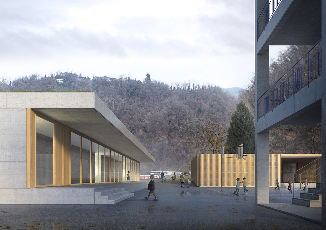 Inches Geleta Architetti, progetto per l'ampliamento del Centro scolastico, Melano, 2018, 1° premio