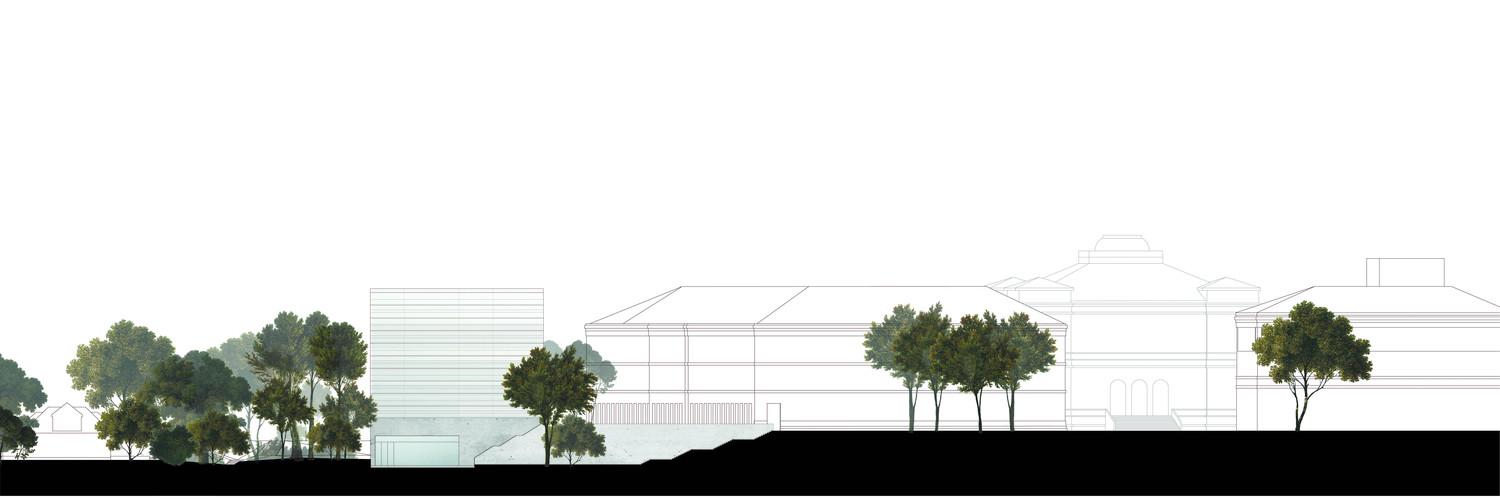 Geländequerschnitt quer. Siegerentwurf von Prof. Heike Hanada mit Prof. Benedict Tonon, Berlin.