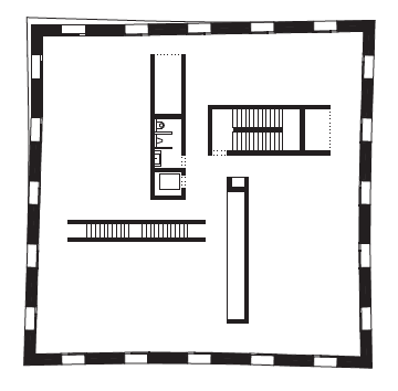 Grundriss Regelgeschoss: Die massiven Aussenwände aus Ziegelsteinen dienen sowohl dem Lastabtrag wie auch als thermische Speichermasse.