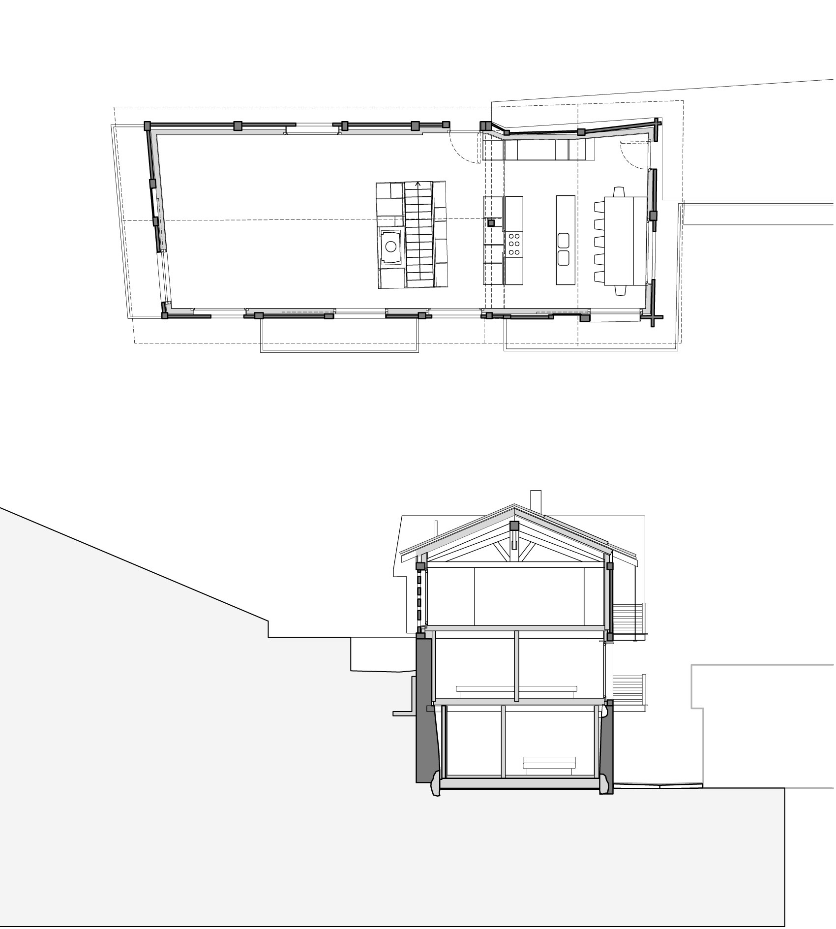 Plan et élévation d’une grange reconvertie