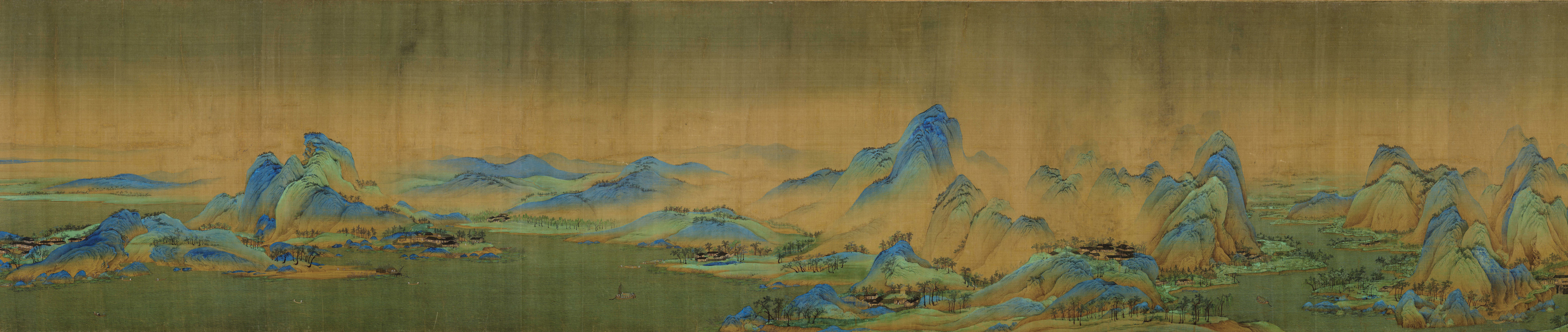Détail de Mille li de rivières et montagnes. Wang Ximeng, 1113, Song du Nord, rouleau portatif, encre et couleurs sur soie, 51,5 x 1191,5 cm.