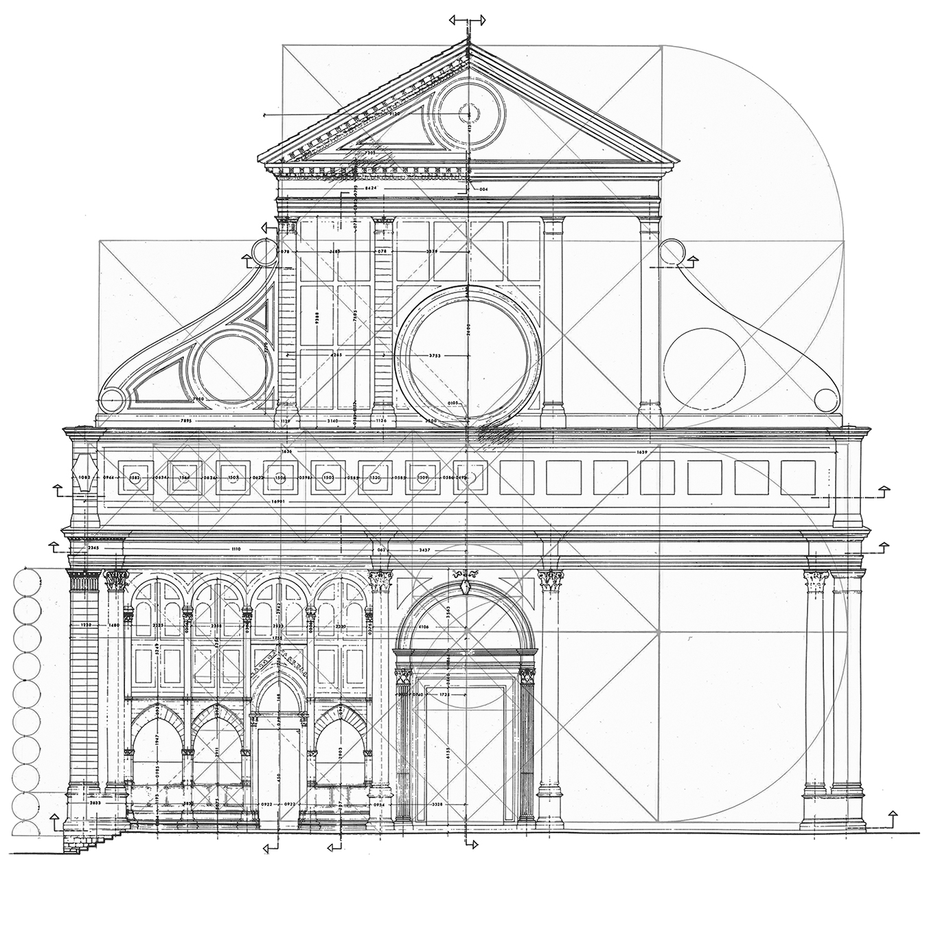 Leon Battista Alberti, Facciata di S. Maria Novella in Firenze, rappresentazione delle proporzioni secondo rapporti armonici dedotti dallo studio matematico dei ritmi musicali. Nella sintesi albertiana si differenziano tre tipi di ritmi, rispettivamente di rapporti proporzionali: Breve: 1:1, 2:3, 3:4 Medio: 2:4. 4:9, 9:16 Lungo: 1:3, 3:8, 1:4.