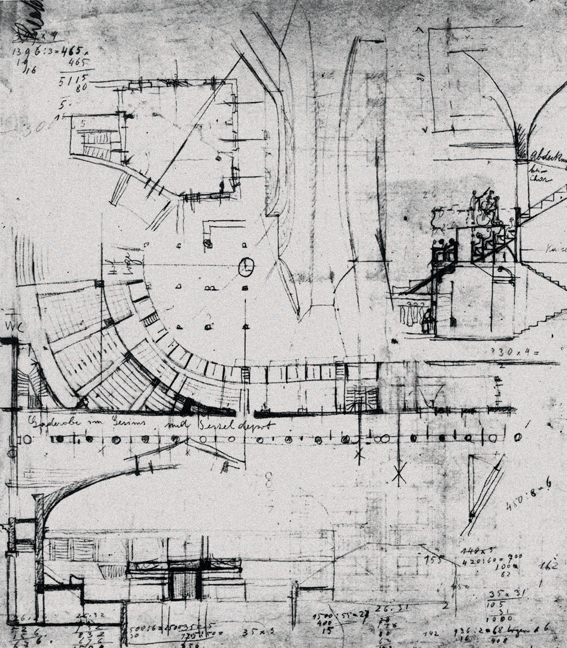 Adolf Loos, Schizzo di una Stadthalle, matita, 1909. Il disegno espone la modalità progettuale di Loos incline allo studio parallelo di piante, prospetti, sezioni e viste prospettiche dell’organismo architettonico.