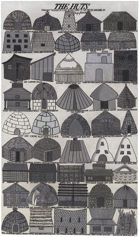 Nach seiner selbst definierten Ordnung zeichnet Gregory L. Blackstock (*1946, lebt in Seattle, USA) übereinander angeordnete Reihen von Gebäuden. In der Ausstellung sind drei Blätter mit Türmen, Schlössern und Hütten zu sehen, im Bild das Blatt mit den Hütten.