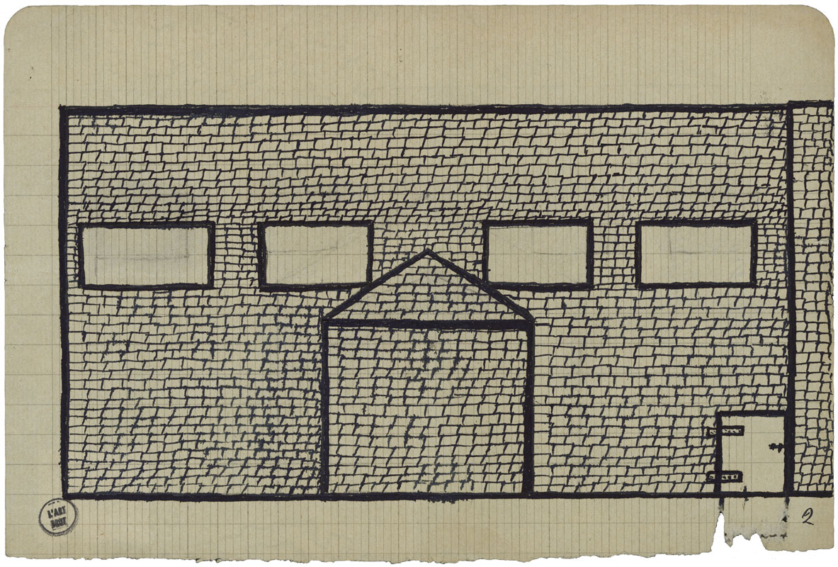 Das Blatt mit dem Aufriss einer Fassade aus Mauerwerk oder Schindeln stammt von André Carré. (Über den Künstler sind keine Lebensdaten bekannt.)