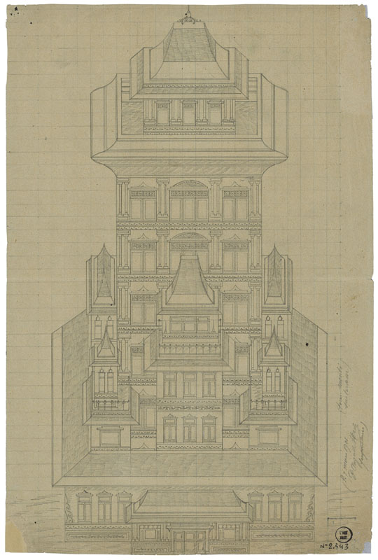 Auguste Merle (1858–?) lebte seit seinem 36 Lebensjahr in einem Heim in Villejuif südlich von Paris. Der Chefarzt Auguste Marie bewahrte derartige Arbeiten von Patienten und war einer der ersten, der eine entsprechende Sammlung anlegte. Das Blatt mit der Bleistiftzeichnung eines Turms über einer Terrasse misst 33.5 x 22.5 cm.