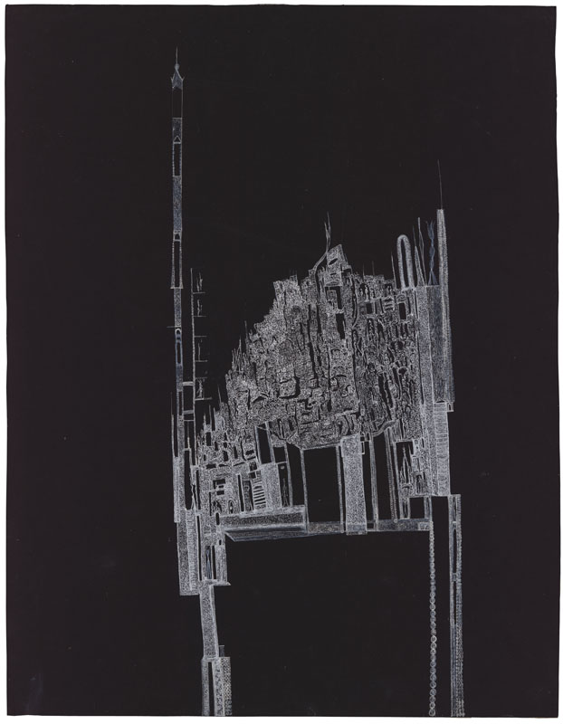 Die wie in Trance entstandenen Tuschezeichnungen (Encre de Chine) von Magali Herrera (1914–1992, Rivera, Uruguay) zeigen in pointilistischer Manier dargestellte Fantasiearchitekturen. Die Künstlerin hat sich auch mit Tanz, Theater, Fotografie und Poesie beschäftigt und war mit dem Gründer der Collection d’Art Brut, dem Künstler Jean Dubuffet, befreundet.