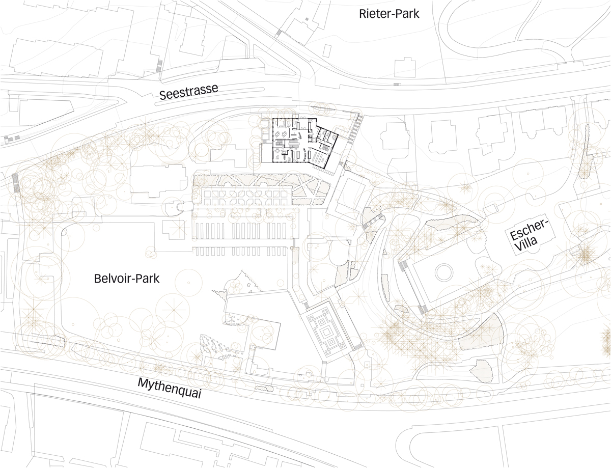 Die neue Hotelfachschule, entworfen von Studio Märkli, steht zwischen Seestrasse und Belvoirpark. Sie wird zu einem Scharnier zwischen einer Reihe von punktuellen Villenbauten entlang der Seestrasse und der Villa Schneeligut im Park.